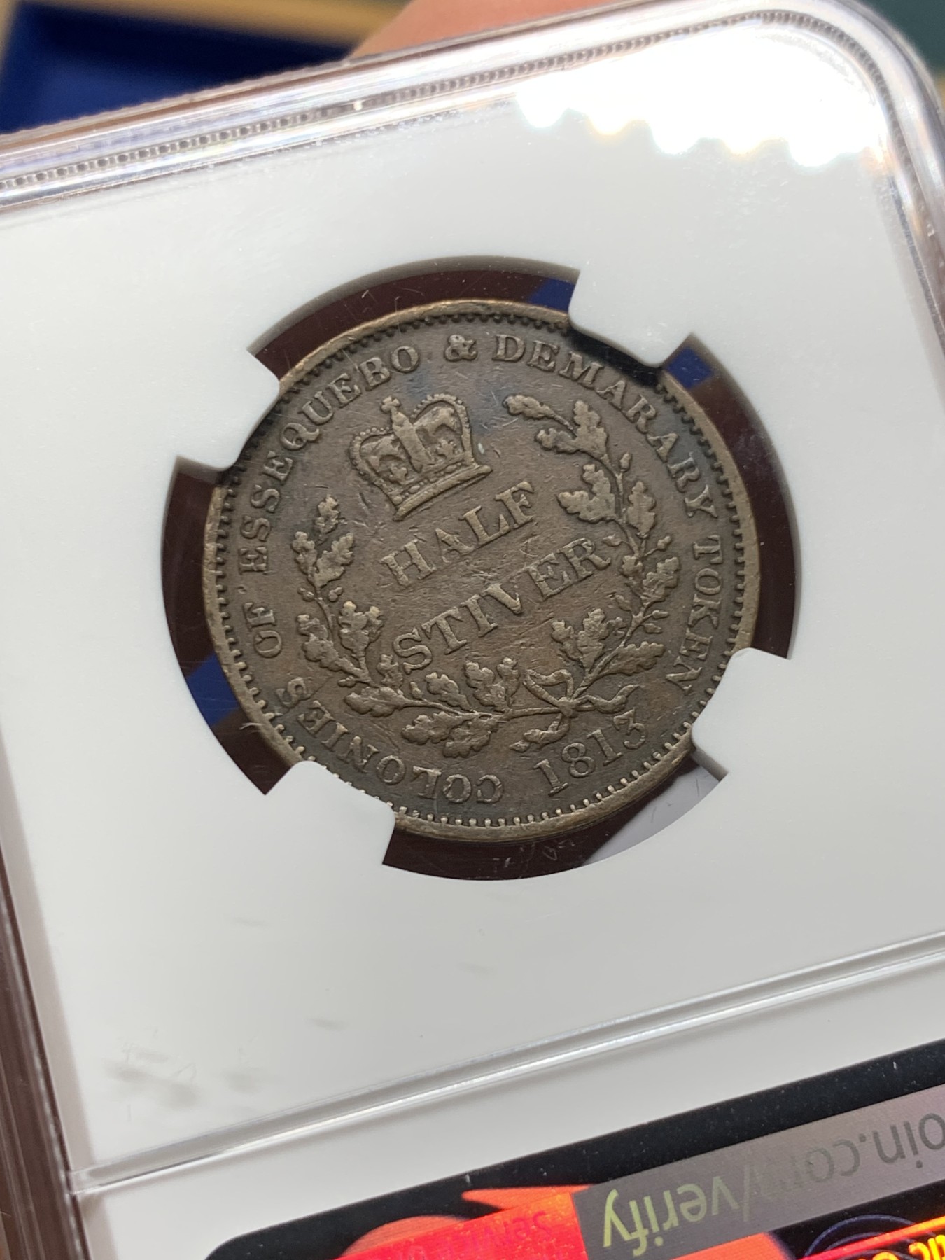 《竞宝斋》第232场-周日，周一 2场 (全场包邮) 两枚一组 NGC XF 1813年英属埃斯奎波&德梅拉拉铜币 半stiver+1stiver