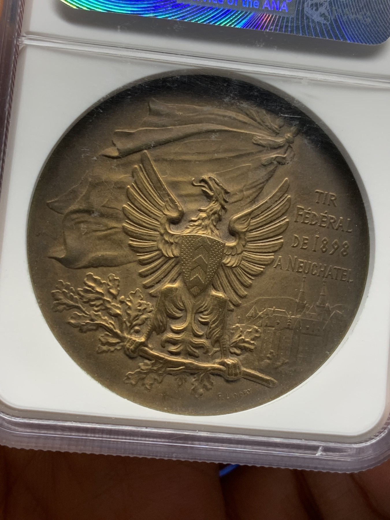 《竞宝斋》第232场-周日，周一 2场 (全场包邮) NGC MS62RB 瑞士1898纳沙泰尔射击节铜章 加厚盒