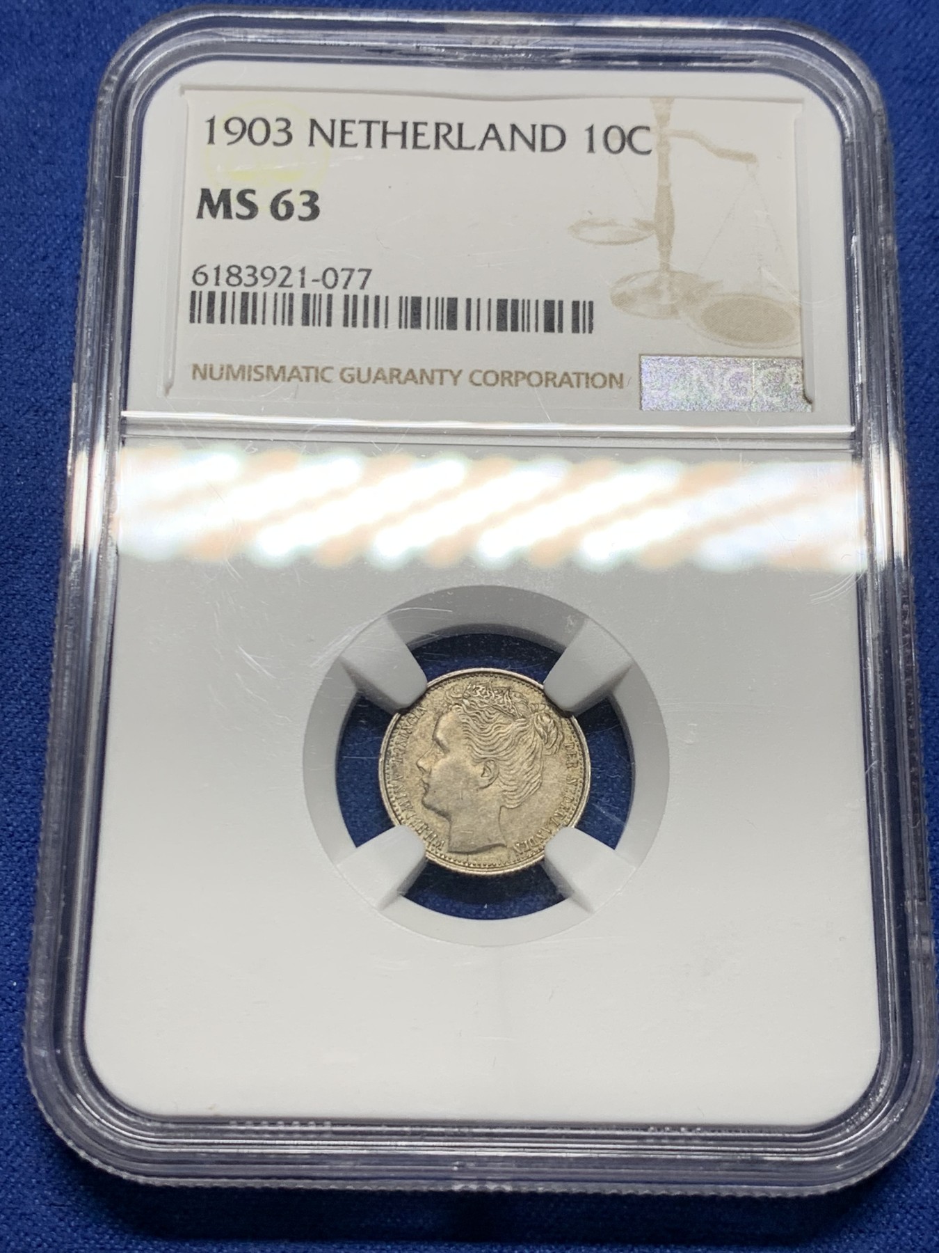 《竞宝斋》第232场-周日，周一 2场 (全场包邮) NGC-MS63 1903年荷兰威廉明娜女王皇冠少女10分银币，稀少乱发版。带皇冠的萝莉头像，高分比长发版更少见。63分参考价125美元