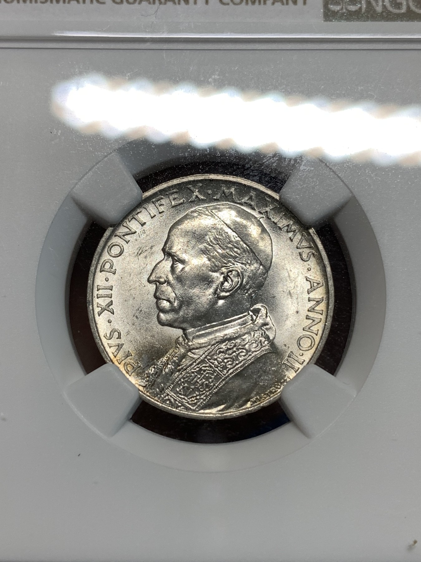 《竞宝斋》第232场-周日，周一 2场 (全场包邮) NGC-MS63 梵蒂冈 1940年 划船 5里拉 银币