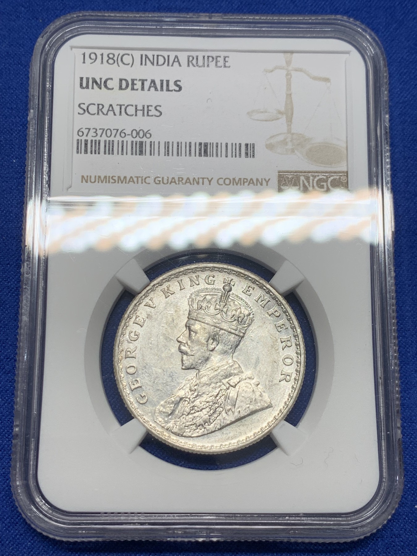 《竞宝斋》第232场-周日，周一 2场 (全场包邮) NGC UNC 印度 1918C 乔治五世 1卢比 银币