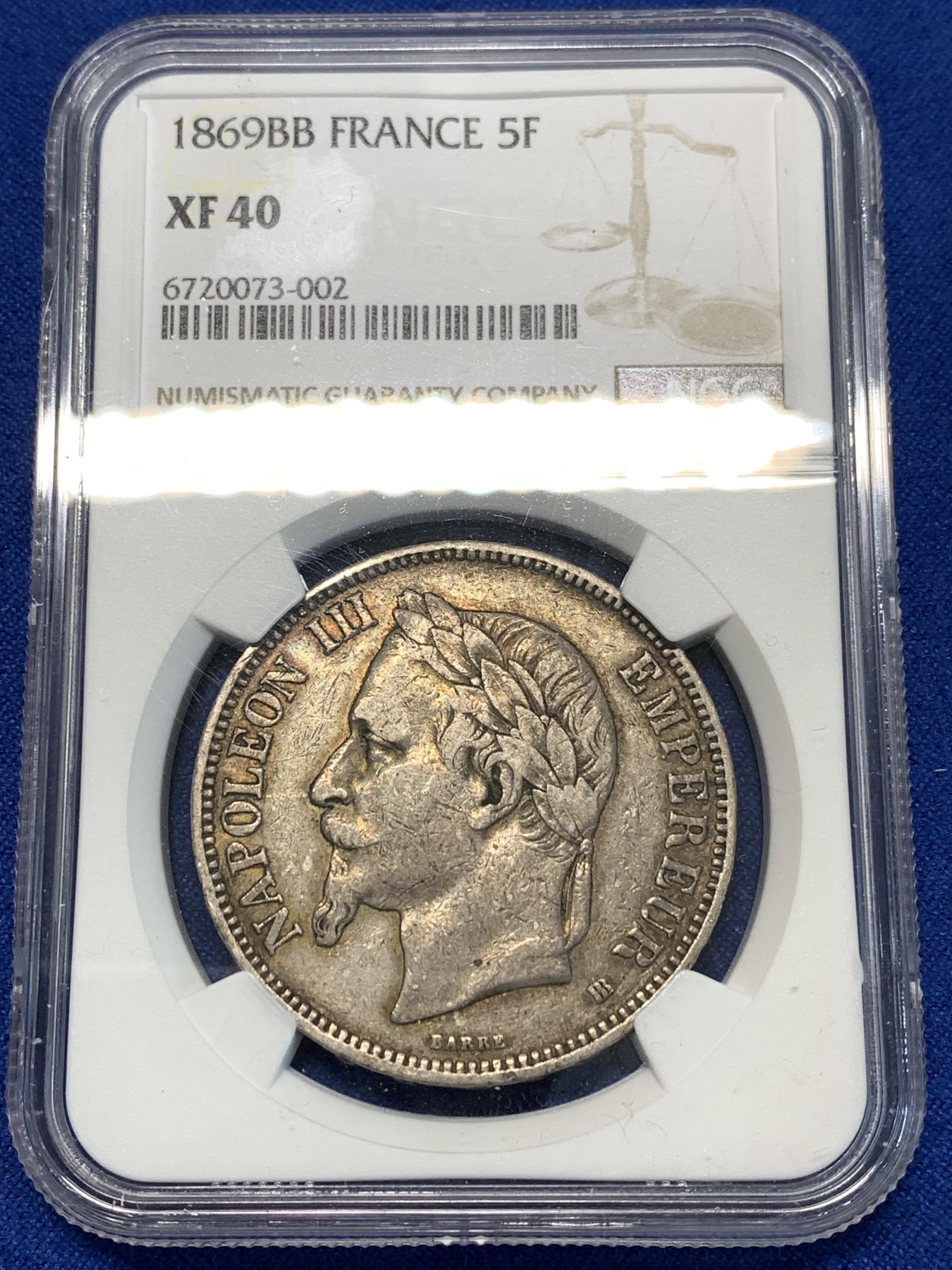 《竞宝斋》第232场-周日，周一 2场 (全场包邮) NGC XF40 法国 1869年BB版拿三5法郎银币