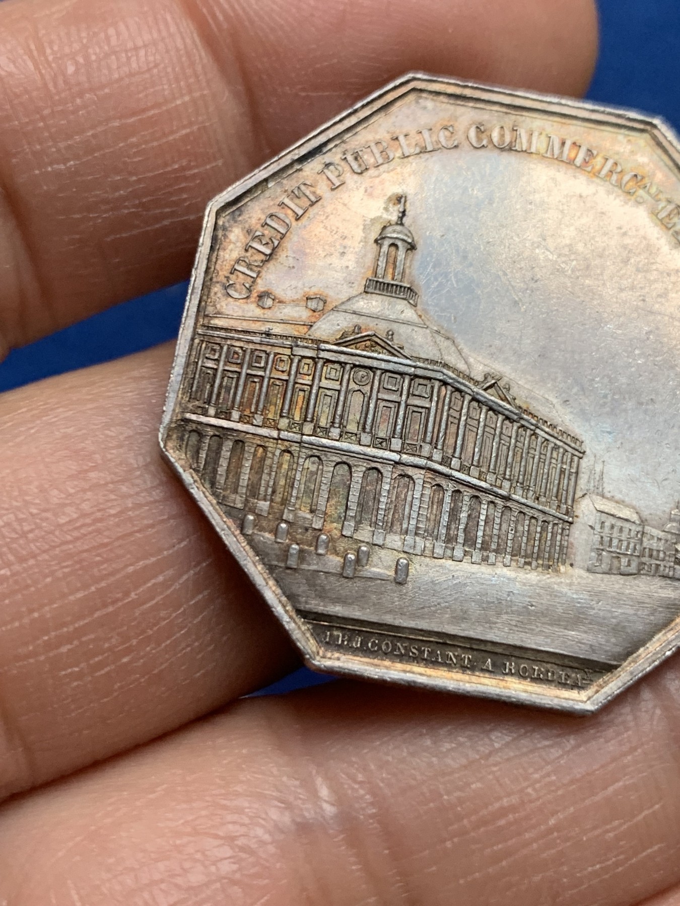 《竞宝斋》第232场-周日，周一 2场 (全场包邮) 法国1860-1879八角银质代币，波尔多证券交易公司，18.7g，37mm，大八角，蜜蜂边铭