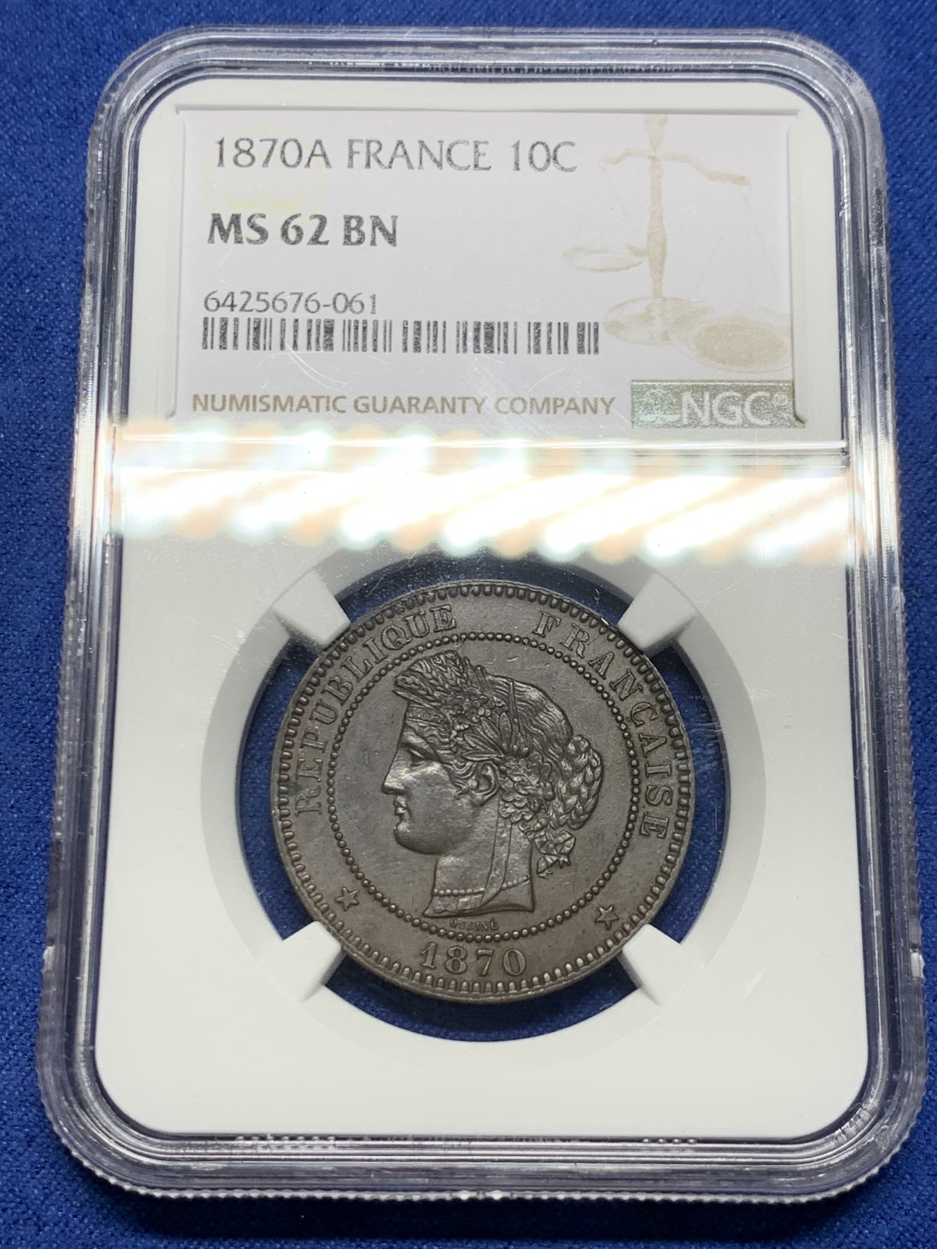 《竞宝斋》第232场-周日，周一 2场 (全场包邮) NGC MS62BN 1870A 法国10生丁铜币