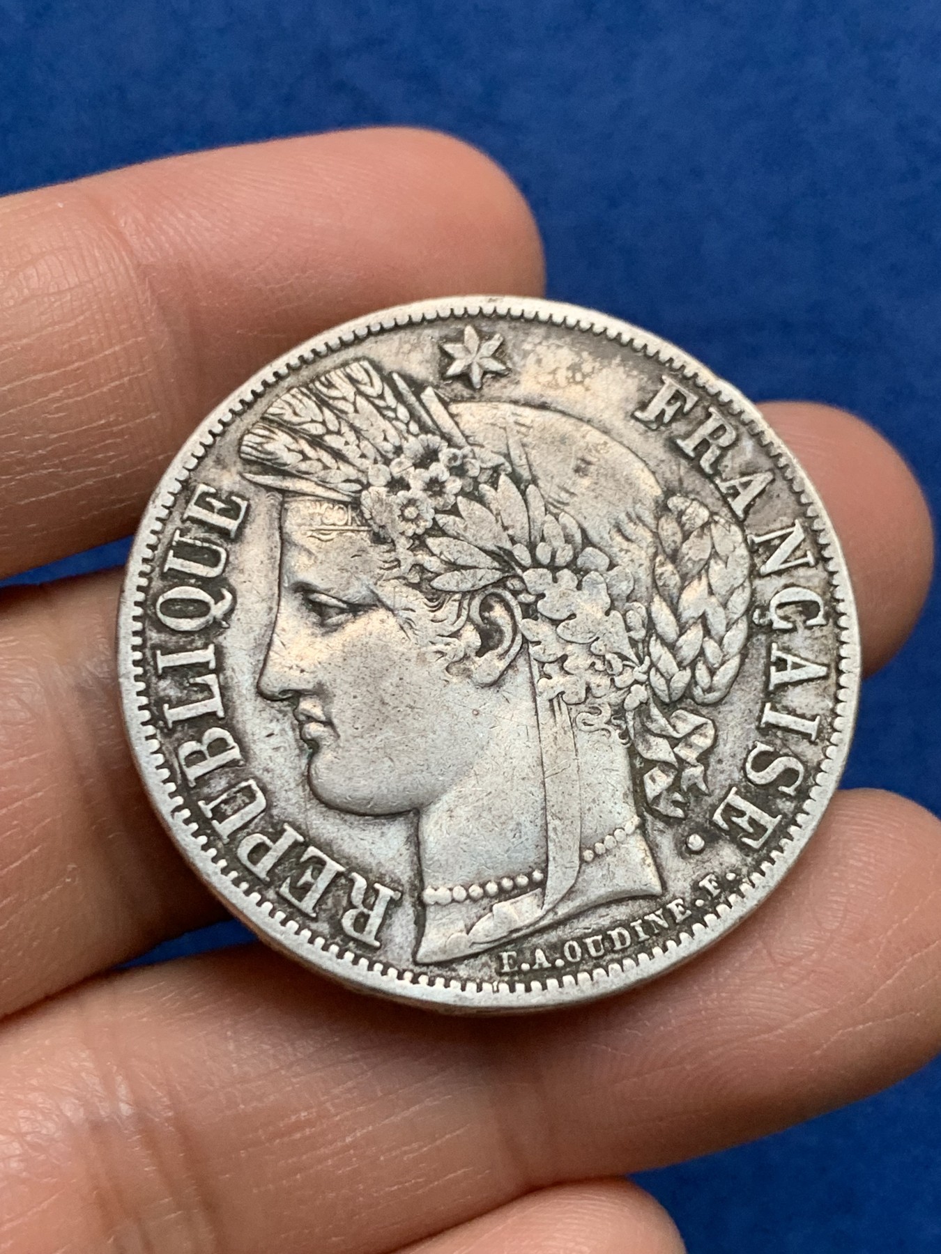 《竞宝斋》第232场-周日，周一 2场 (全场包邮) 法国1851年A谷物女神5法郎银币，细节不错包浆自然