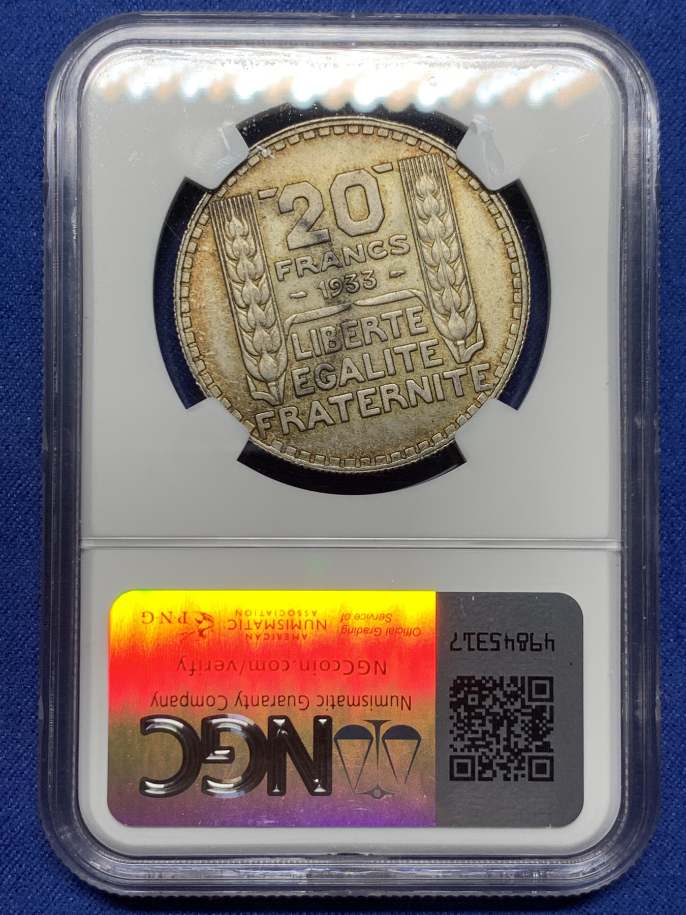 《竞宝斋》第232场-周日，周一 2场 (全场包邮) NGC MS63 法国1933年桂冠女神20法郎银币
