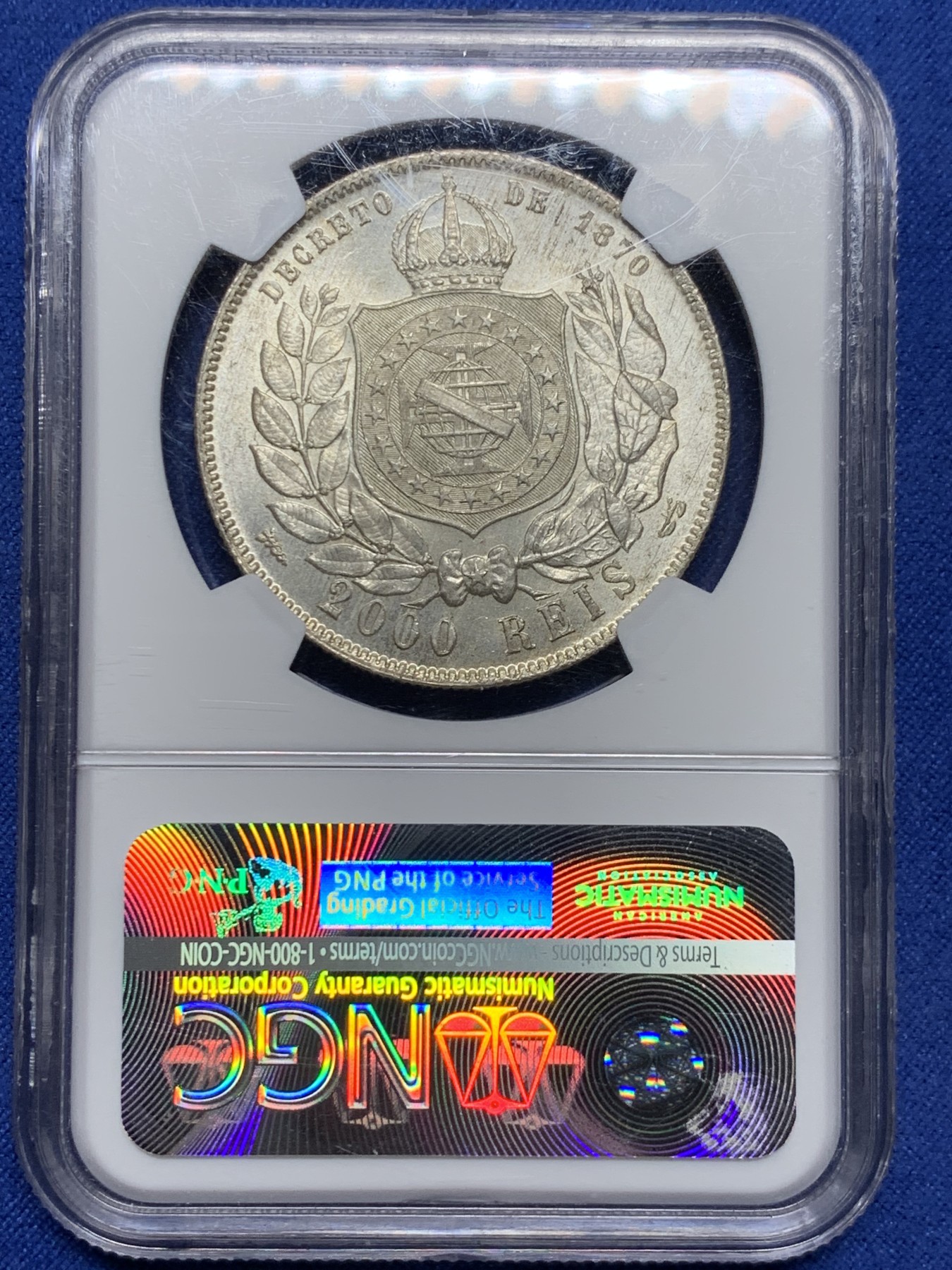 《竞宝斋》第232场-周日，周一 2场 (全场包邮) NGC-MS64 巴西 1888年2000瑞尔 佩德罗二世 大胡子银币 淡黄包浆 MS-64稀有高分一步到位 南美热点品种