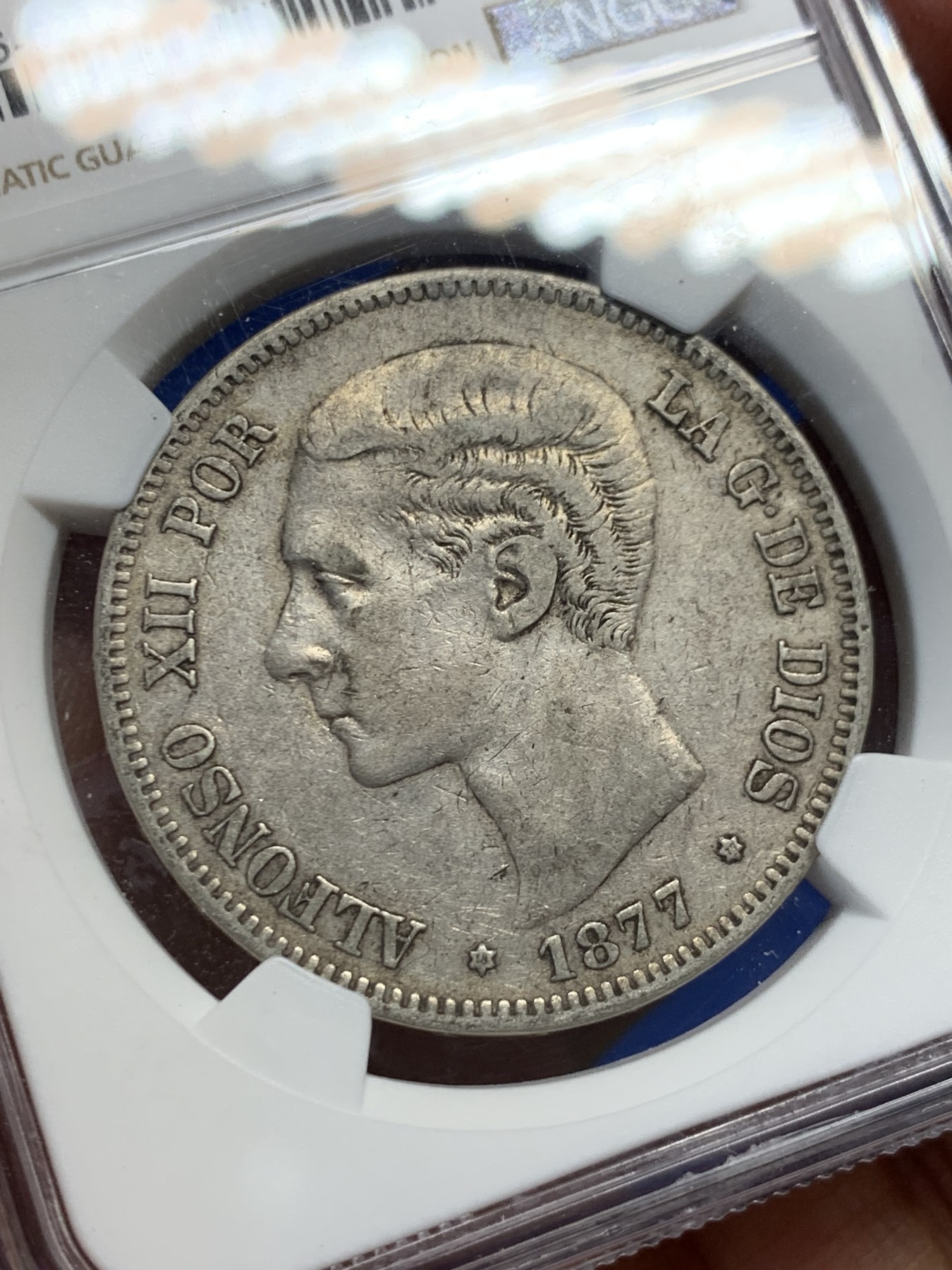 《竞宝斋》第232场-周日，周一 2场 (全场包邮) NGC VF35 西班牙1877年 阿方索十二世 5比塞塔双柱大银币