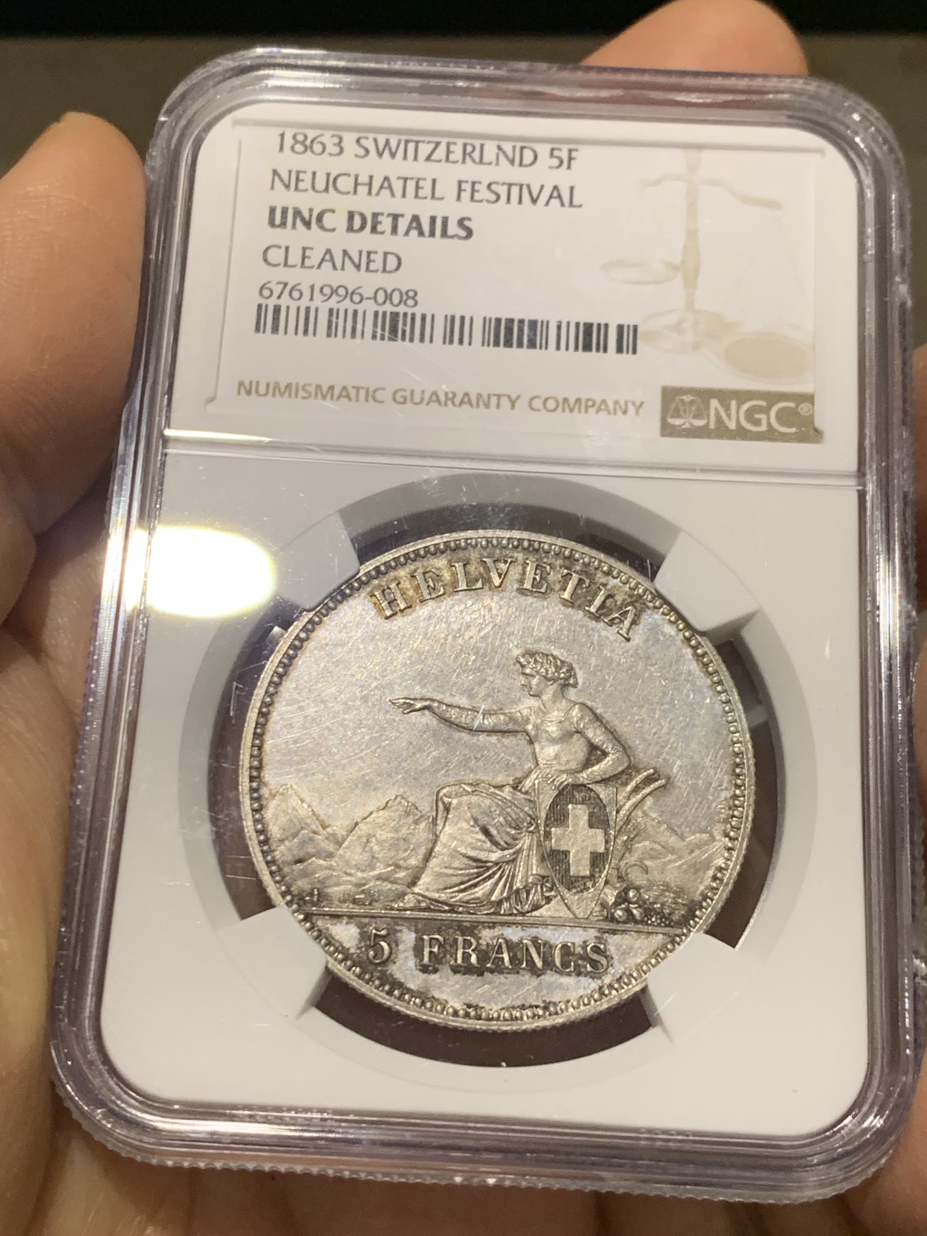 《竞宝斋》第232场-周日，周一 2场 (全场包邮) NGC-UNC 1863 瑞士射击5法郎银币  底板光洁 细节好 性价比之选