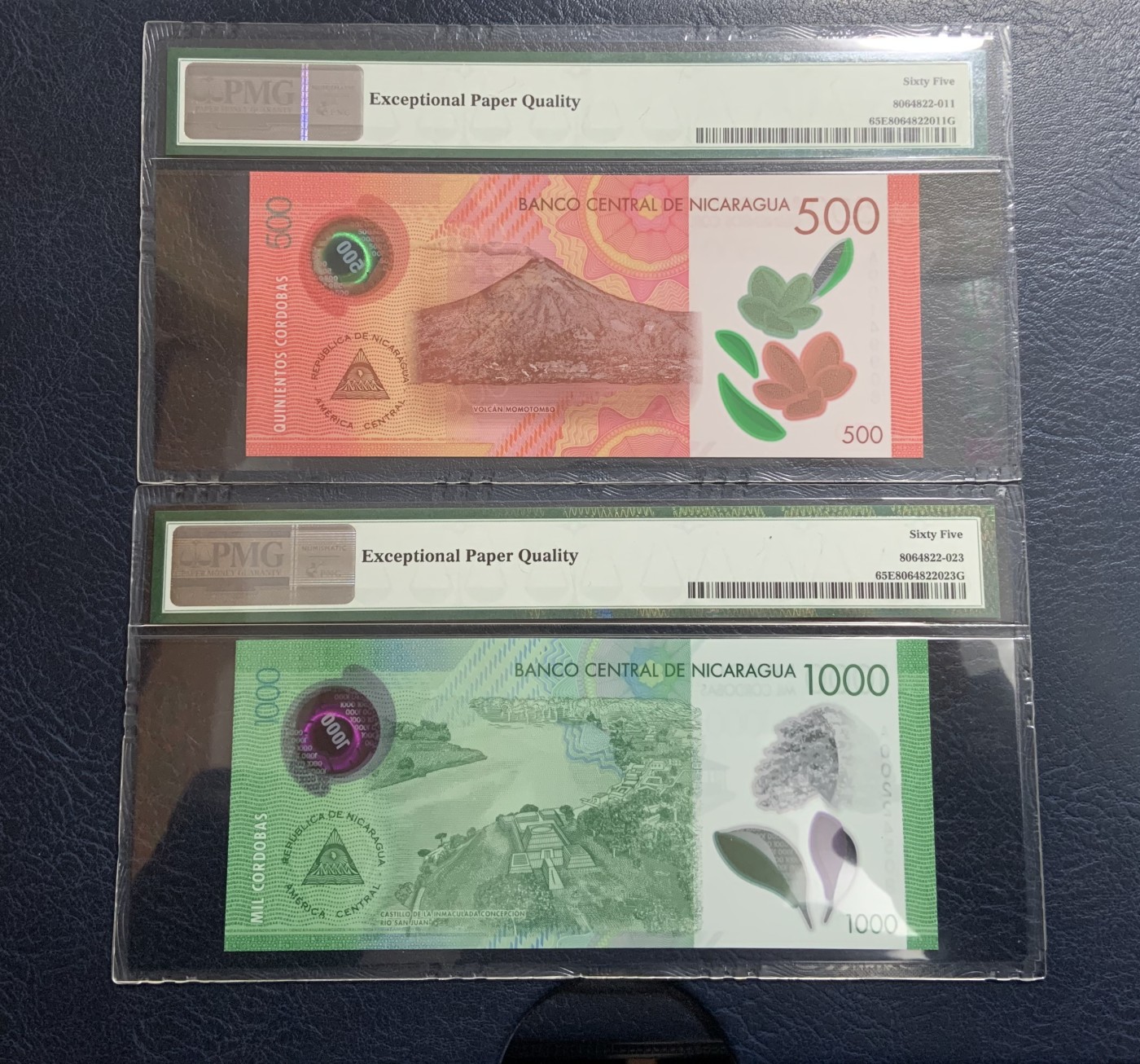 收藏联盟Quantum Auction 第317期拍卖  尼加拉瓜2017年500和1000科多巴 PMG65 尾二同 首发A序列 