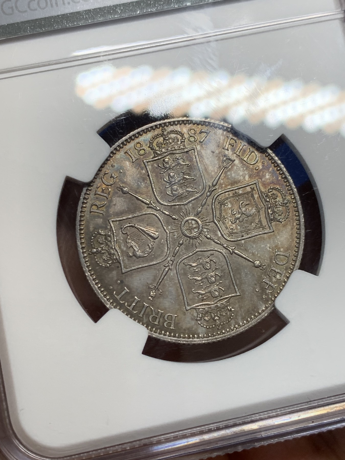 《竞宝斋》第232场-周日，周一 2场 (全场包邮) NGC UNC 英国 1887年弗洛林银币，状态好，底板带彩