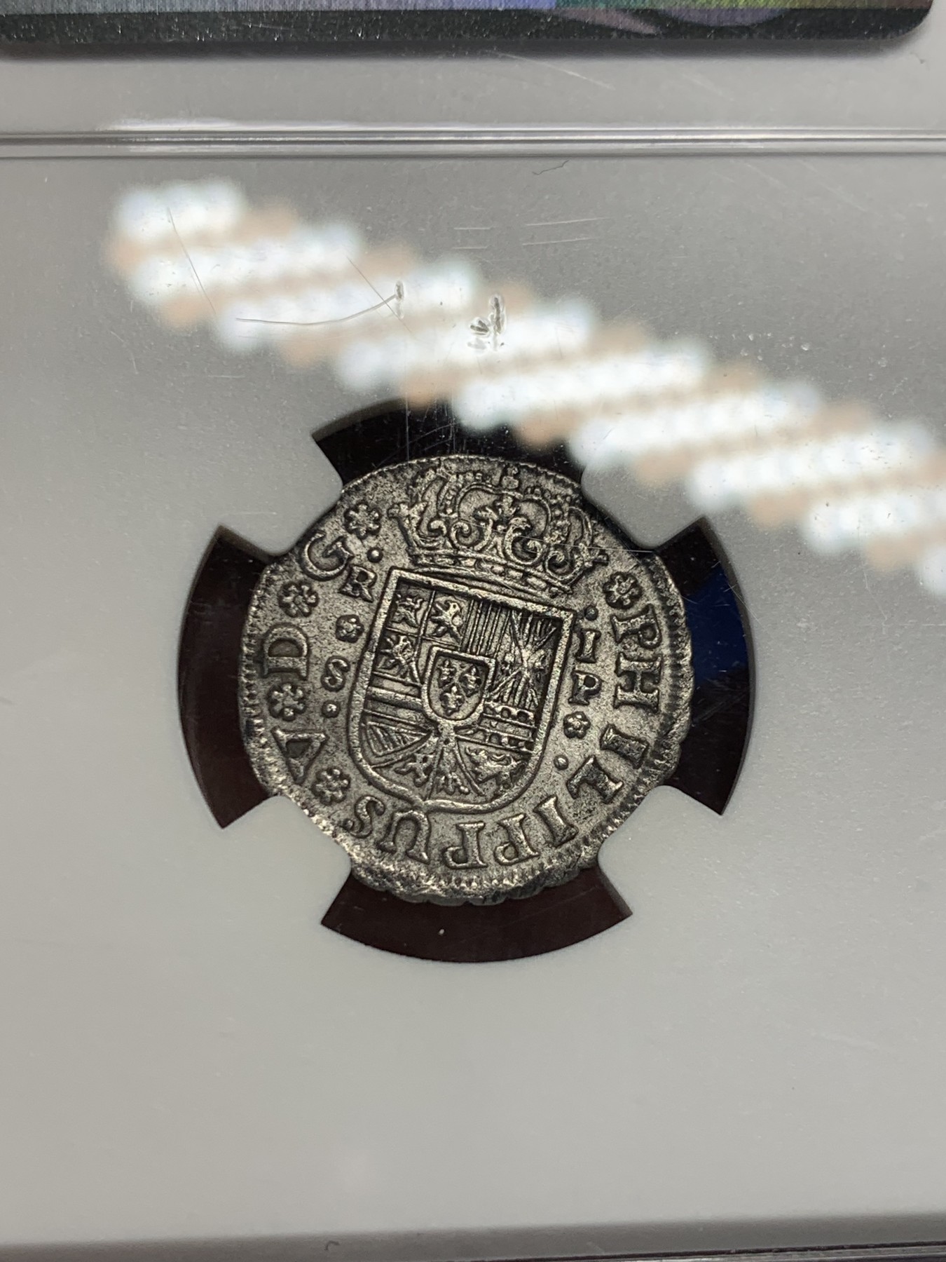 《竞宝斋》第232场-周日，周一 2场 (全场包邮) NGC AUD 西班牙1737腓力五世1里亚尔银币 本土十字 少见品种