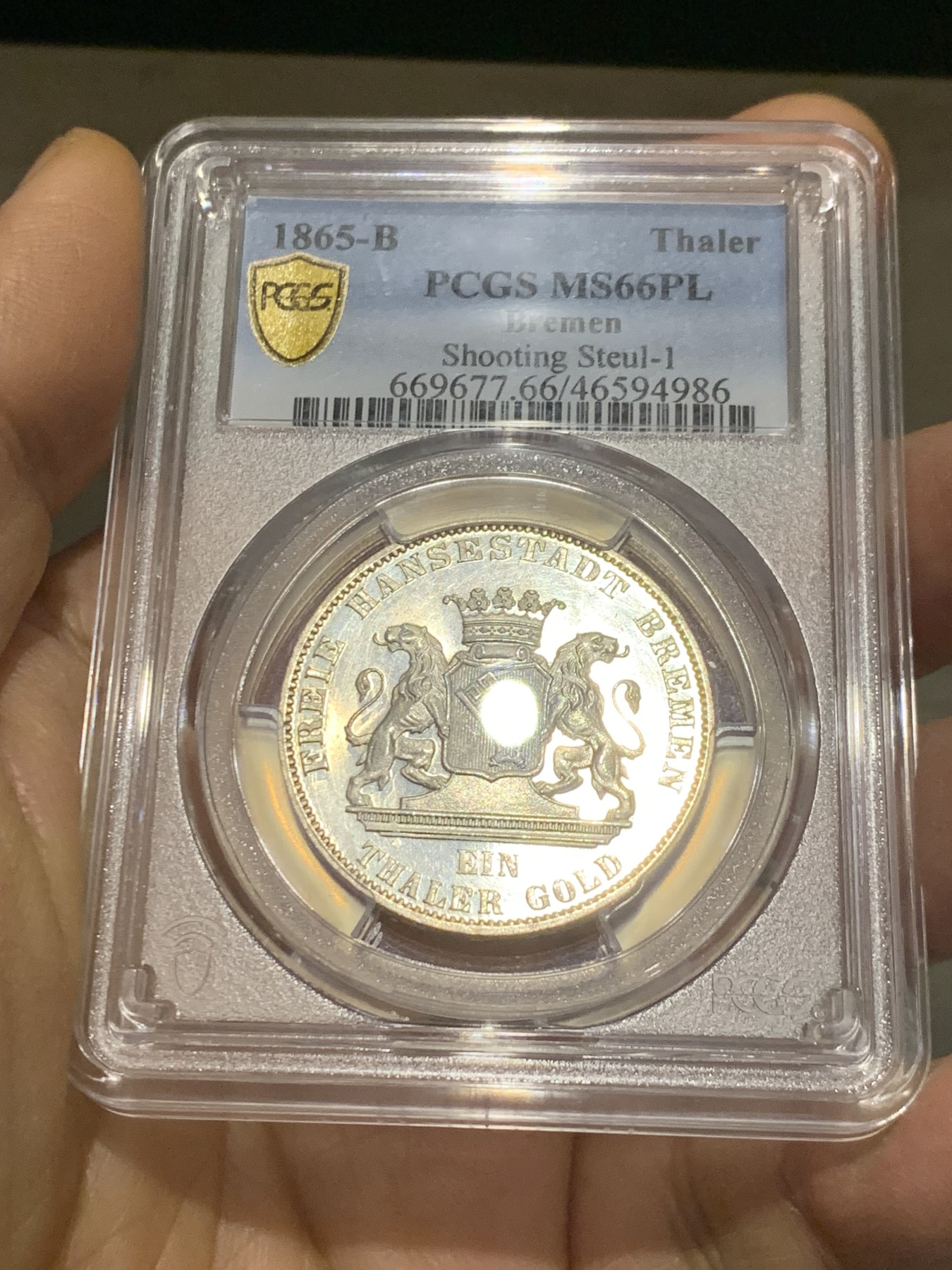 《竞宝斋》第232场-周日，周一 2场 (全场包邮) PCGS MS66PL 德国1865 不来梅自由市射击节泰勒 发行量5万枚，经典的双狮和哥特钥匙徽章，顶级品相，完美镜面状态，p记冠军分