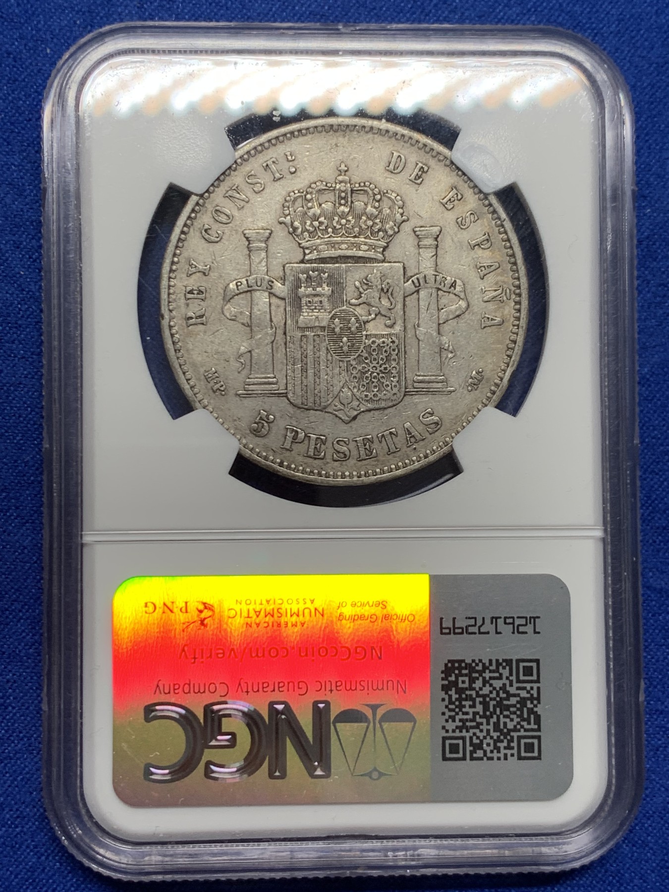 《竞宝斋》第232场-周日，周一 2场 (全场包邮) NGC XF40 西班牙1888年 阿方索十三世 光头版 5比塞塔双柱大银币 吉祥年份