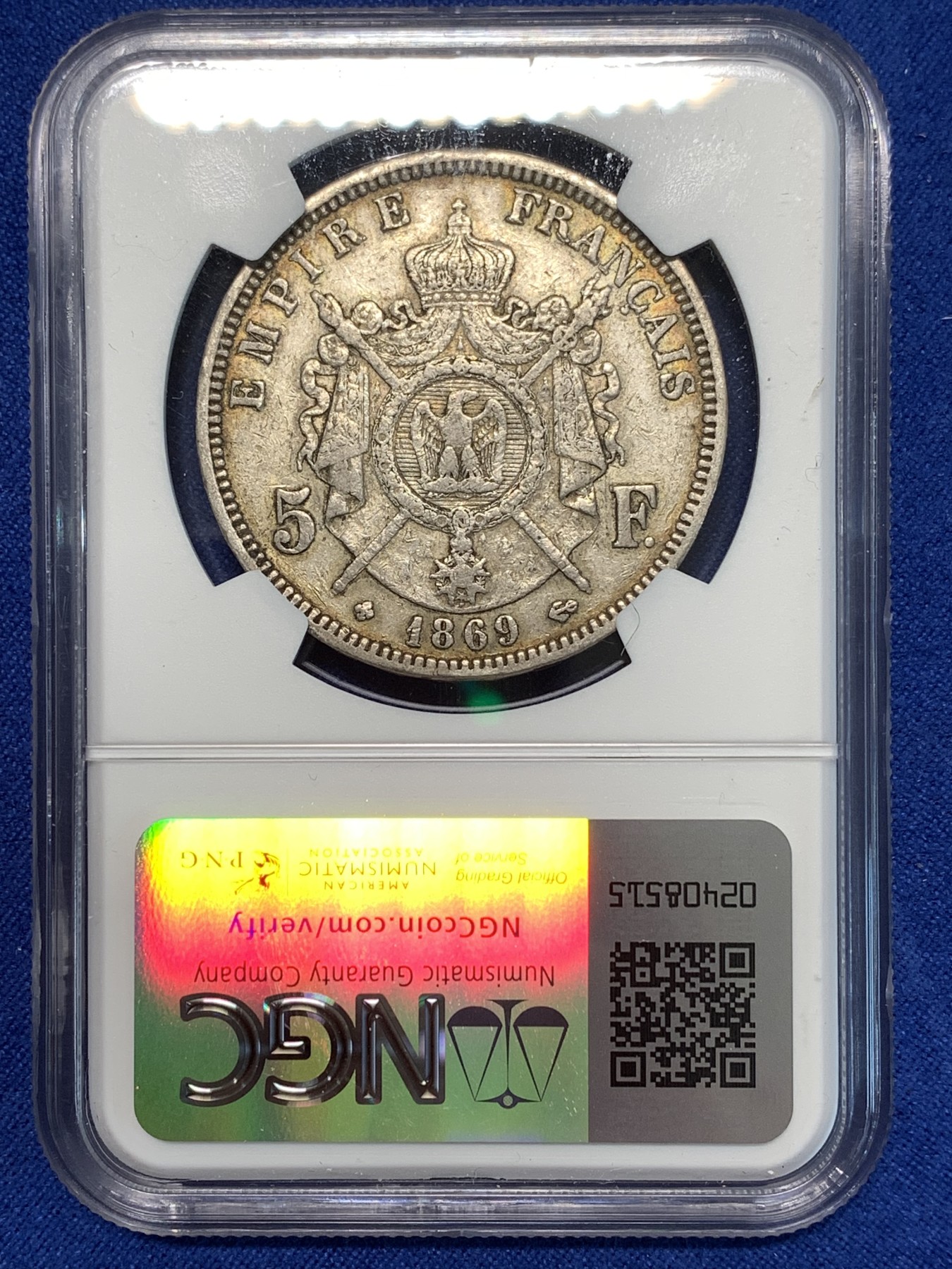 《竞宝斋》第232场-周日，周一 2场 (全场包邮) NGC XF40 法国 1869年BB版拿三5法郎银币