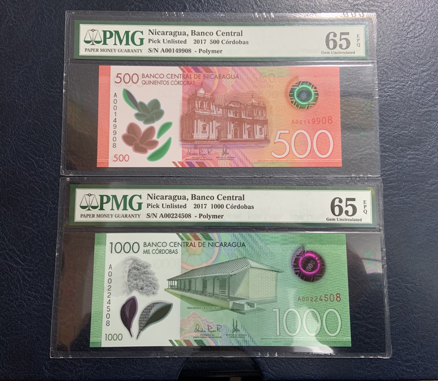 收藏联盟Quantum Auction 第317期拍卖  尼加拉瓜2017年500和1000科多巴 PMG65 尾二同 首发A序列 