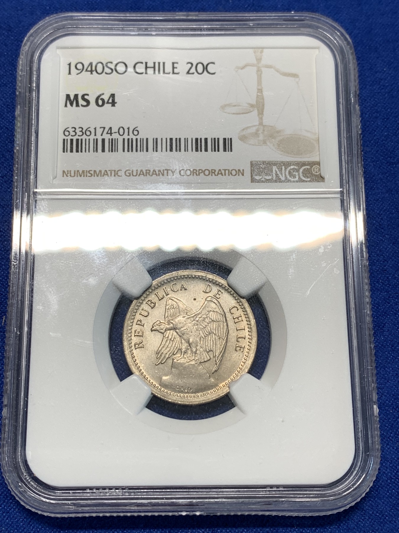 《竞宝斋》第232场-周日，周一 2场 (全场包邮) NGC MS64 智利1940年早期版秃鹫20分镍币，车轮光完整