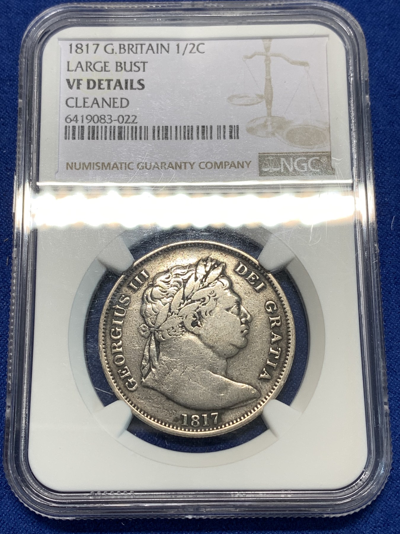 《竞宝斋》第232场-周日，周一 2场 (全场包邮) NGC-VFD 英国1817年乔治三世牛头半克朗银币 自然流通 不错的品种