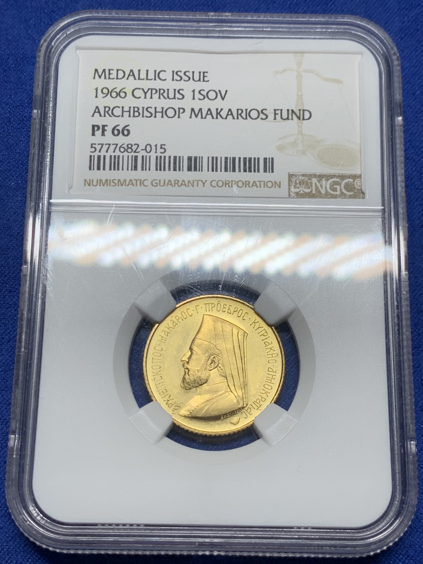 《竞宝斋》第232场-周日，周一 2场 (全场包邮) NGC PF66 塞浦路斯1966年精制索维林金币 8克 9167金 直径22MM  高分