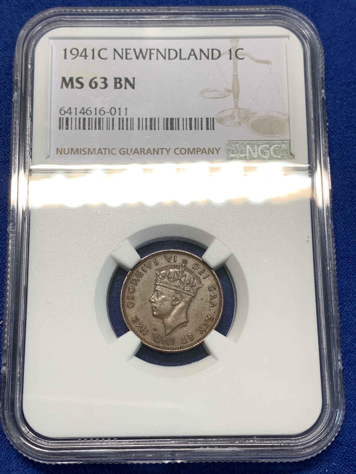 《竞宝斋》第232场-周日，周一 2场 (全场包邮) NGC-MS63BN 纽芬兰1941年乔六1分铜币，书价相当高的品种，普品较常见，高分难得，更高分仅有4枚。同年普通版63分参考价200美元