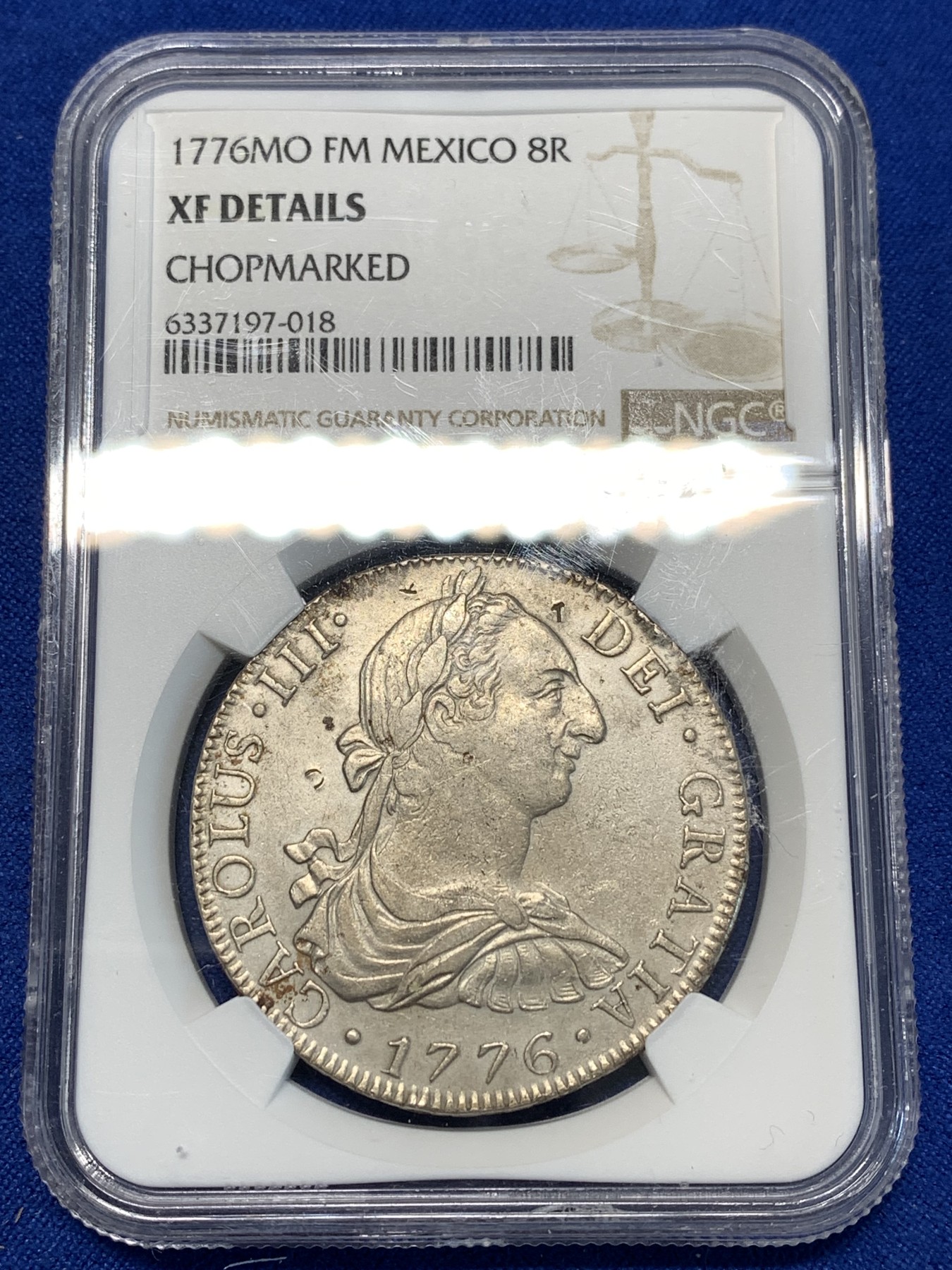 《竞宝斋》第232场-周日，周一 2场 (全场包邮) NGC XFD 西属墨西哥1776年 MO FM 卡洛斯三世双柱8R大银币