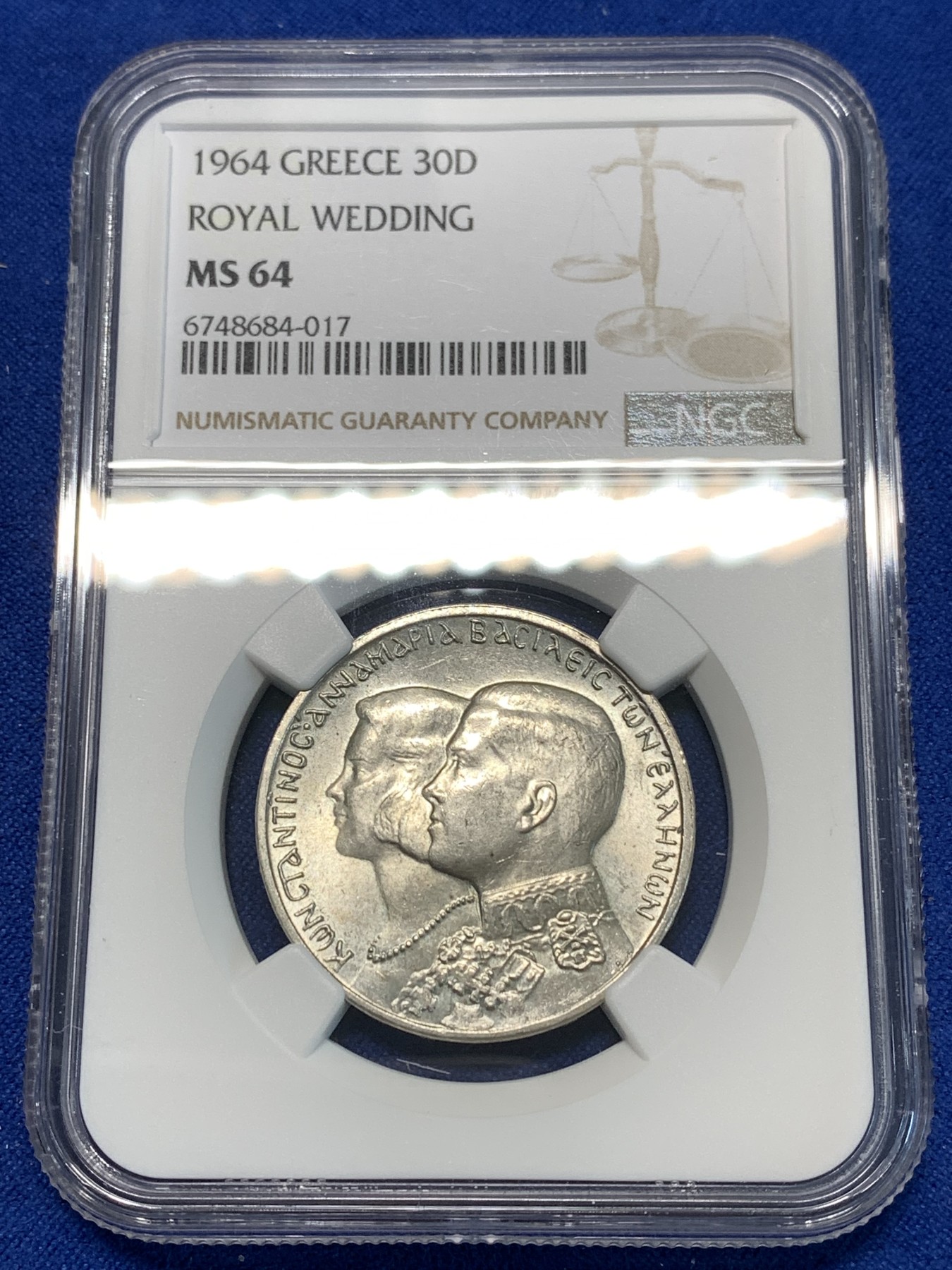 《竞宝斋》第232场-周日，周一 2场 (全场包邮) NGC-MS64 希腊1964年皇室大婚纪念银币