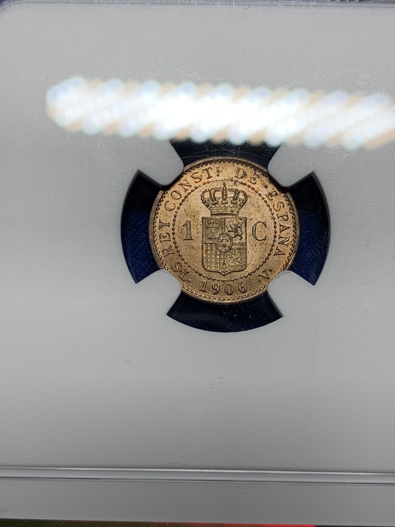 《竞宝斋》第232场-周日，周一 2场 (全场包邮) NGC MS65RB 西班牙1906年阿方索十三世1分原光铜币 高等级分数