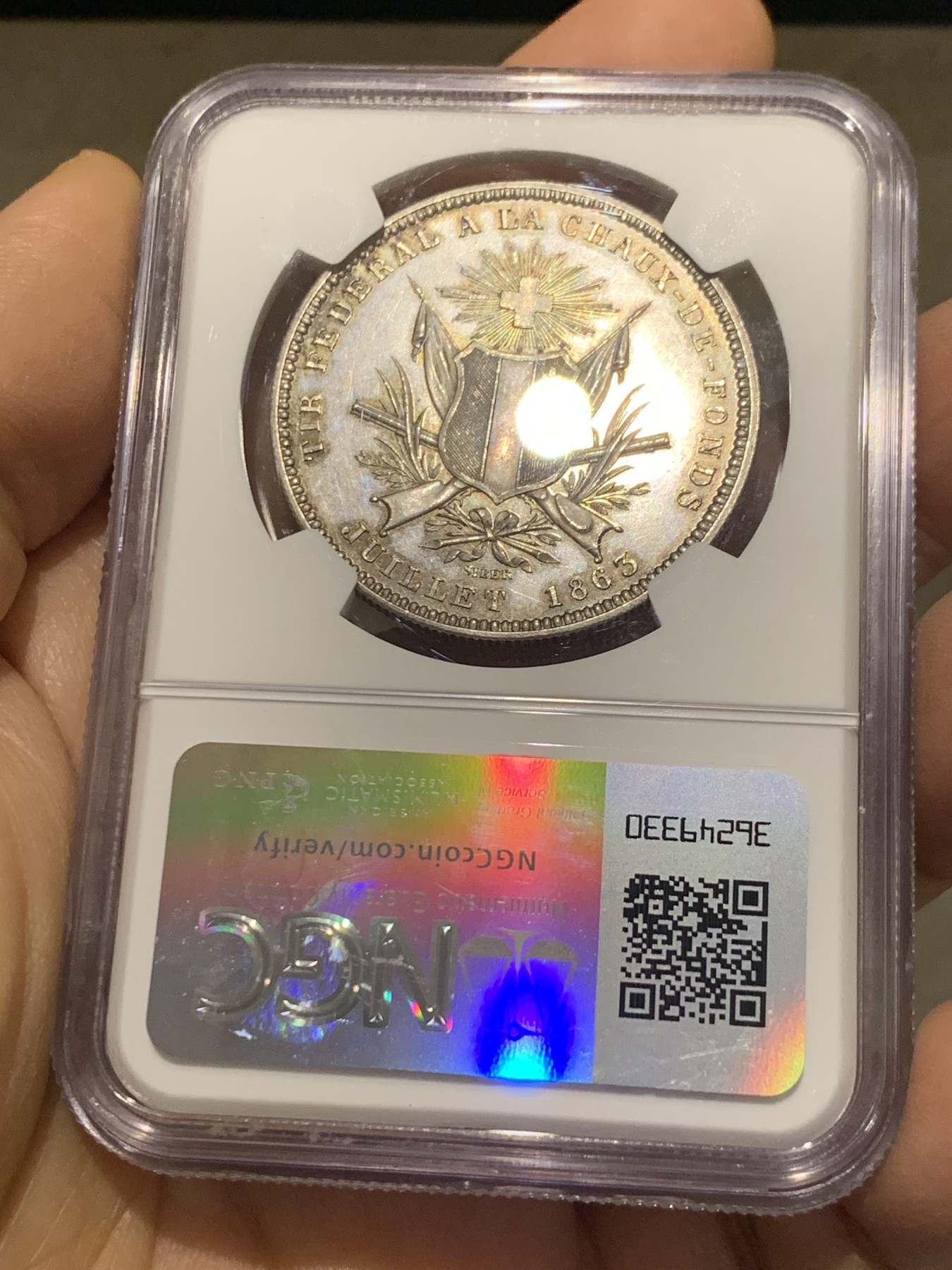 《竞宝斋》第232场-周日，周一 2场 (全场包邮) NGC-UNC 1863 瑞士射击5法郎银币  底板光洁 细节好 性价比之选