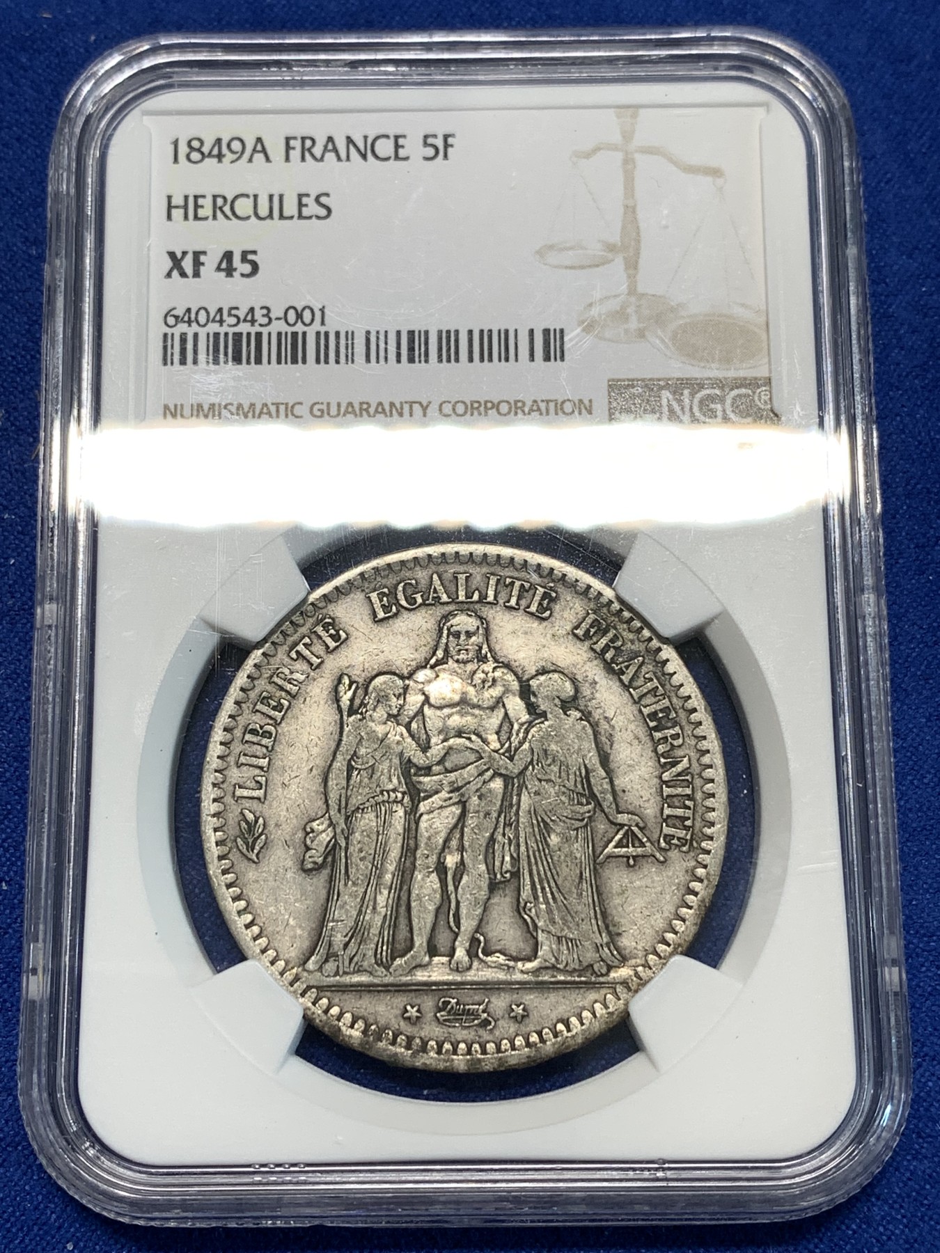 《竞宝斋》第232场-周日，周一 2场 (全场包邮) NGC XF45 法国1849第二共和大力神5法郎银币 只发行两年 出分难得 原味包浆