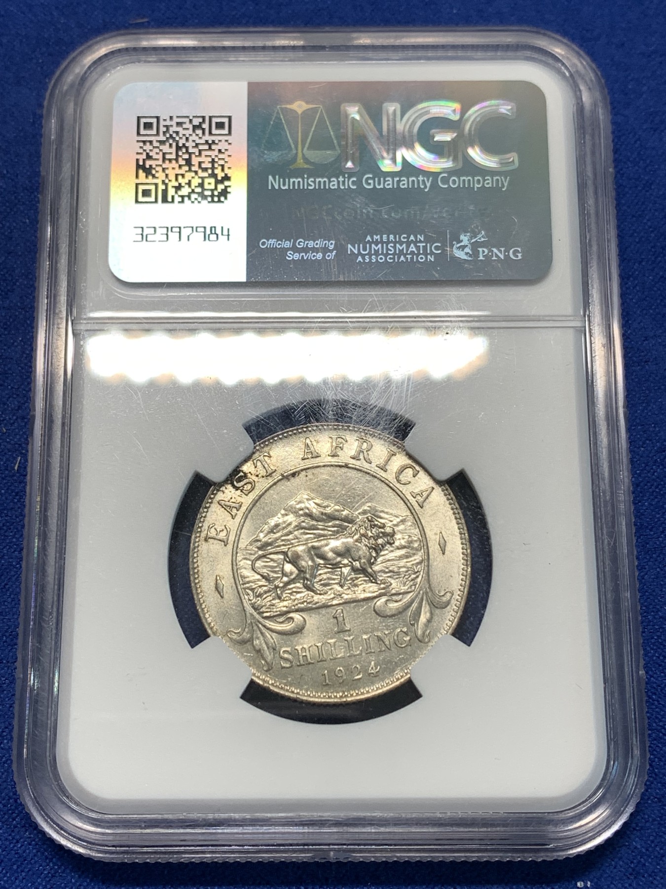 《竞宝斋》第232场-周日，周一 2场 (全场包邮) NGC MS61 英属东非 1924年 乔治五世1先令银币 转光好品 少见品种