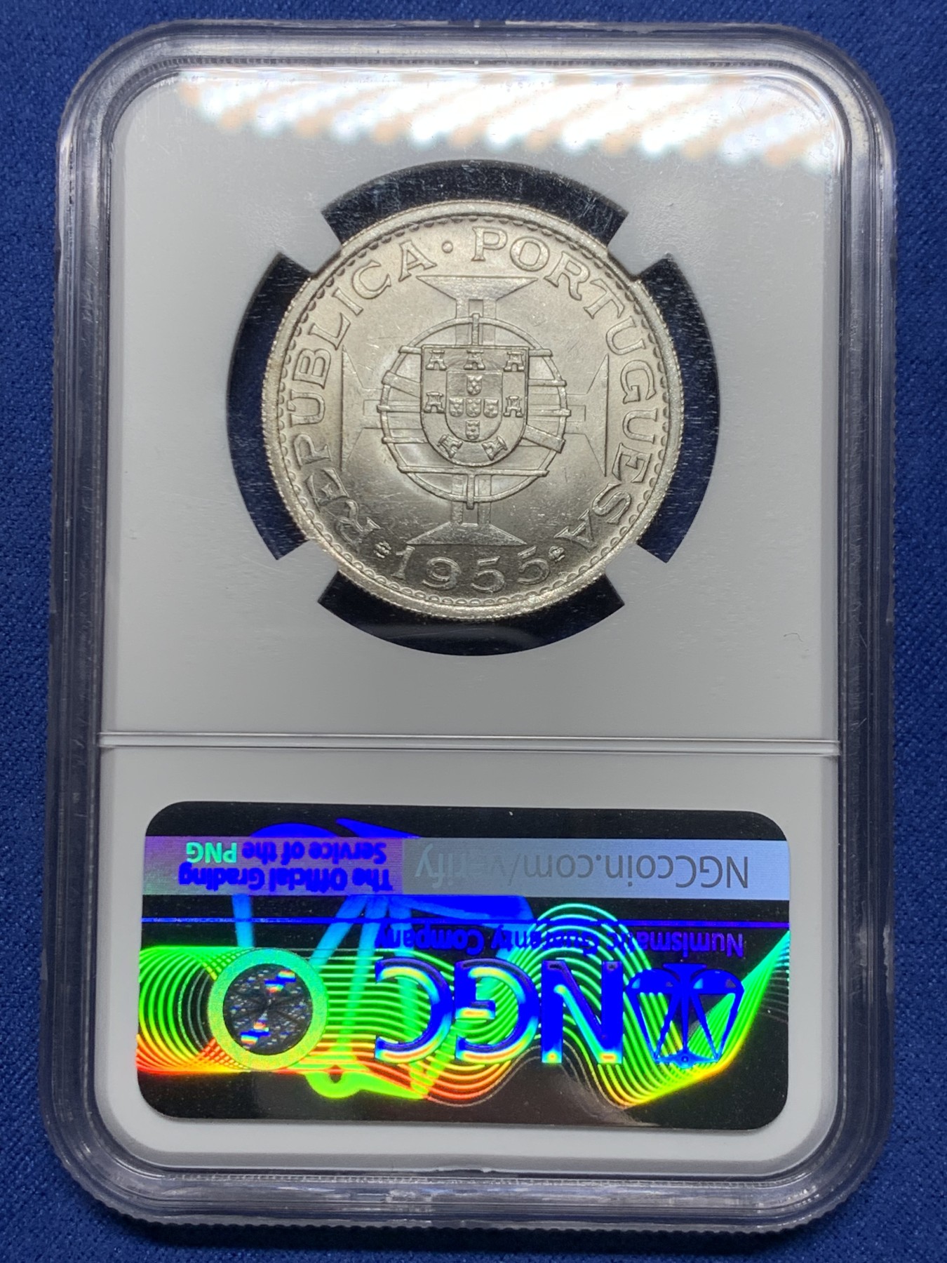 《竞宝斋》第232场-周日，周一 2场 (全场包邮) NGC-MS64 葡属安哥拉 1955年20埃斯库多银币 葡属殖民风情