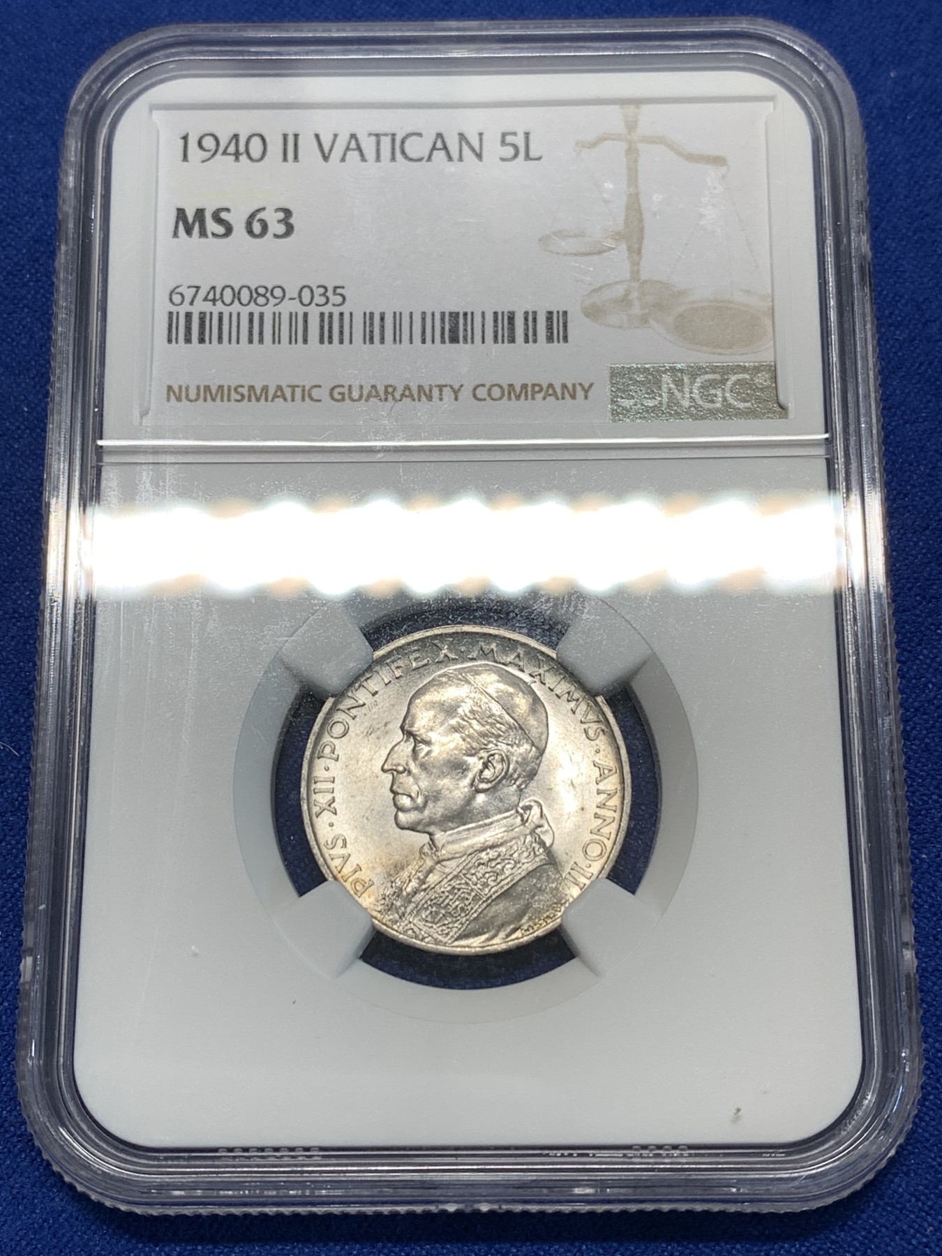 《竞宝斋》第232场-周日，周一 2场 (全场包邮) NGC-MS63 梵蒂冈 1940年 划船 5里拉 银币