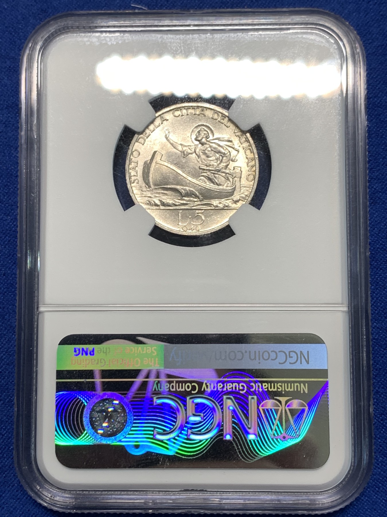 《竞宝斋》第232场-周日，周一 2场 (全场包邮) NGC-MS63 梵蒂冈 1940年 划船 5里拉 银币