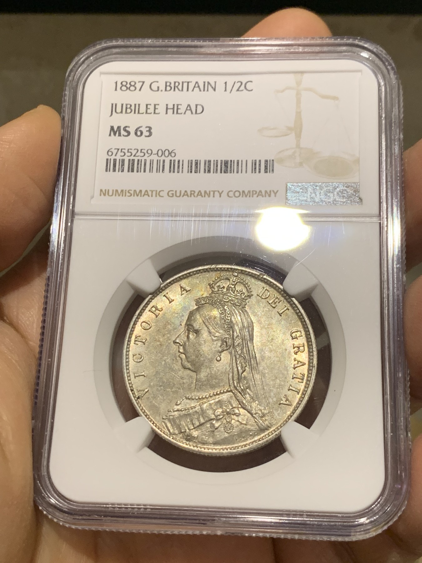 《竞宝斋》第232场-周日，周一 2场 (全场包邮) NGC MS63 英国1887年维多利亚1/2克朗银币 状态不错