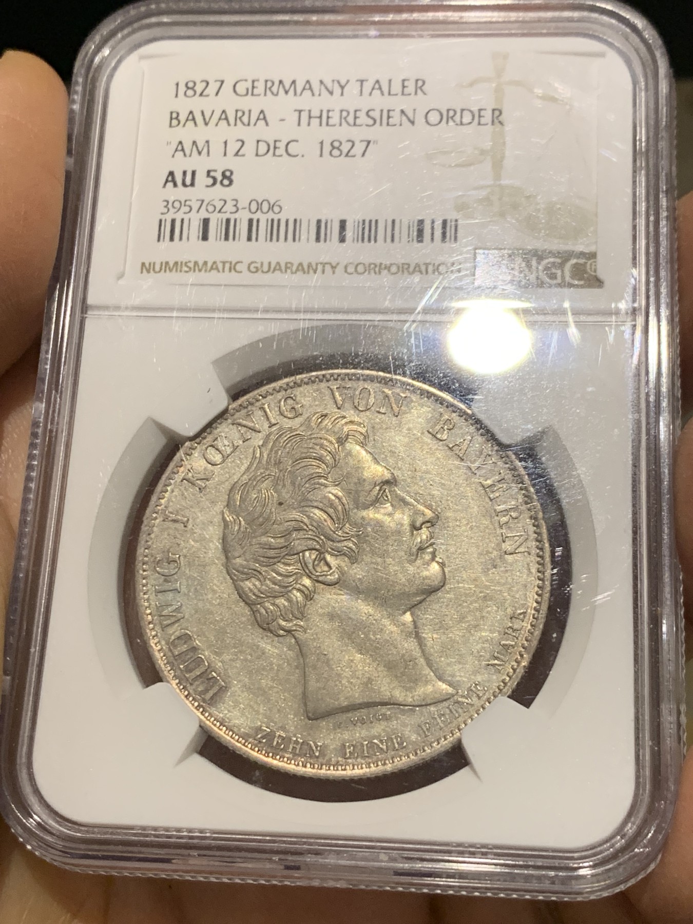 《竞宝斋》第232场-周日，周一 2场 (全场包邮) NGC AU58 德国 1827 巴伐利亚 路德维希一世 特蕾莎勋章创立 泰勒大银币 极少品种