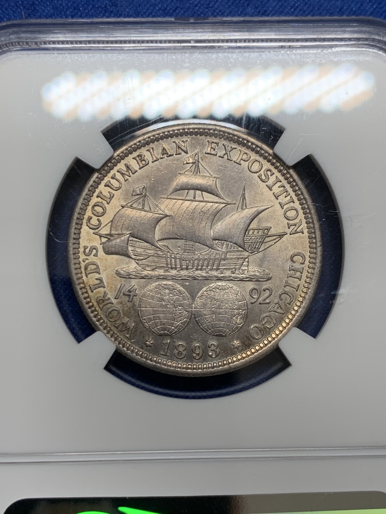 《竞宝斋》第232场-周日，周一 2场 (全场包邮) NGC MS62 美国 1893纪念哥伦布半圆银币，原光状态