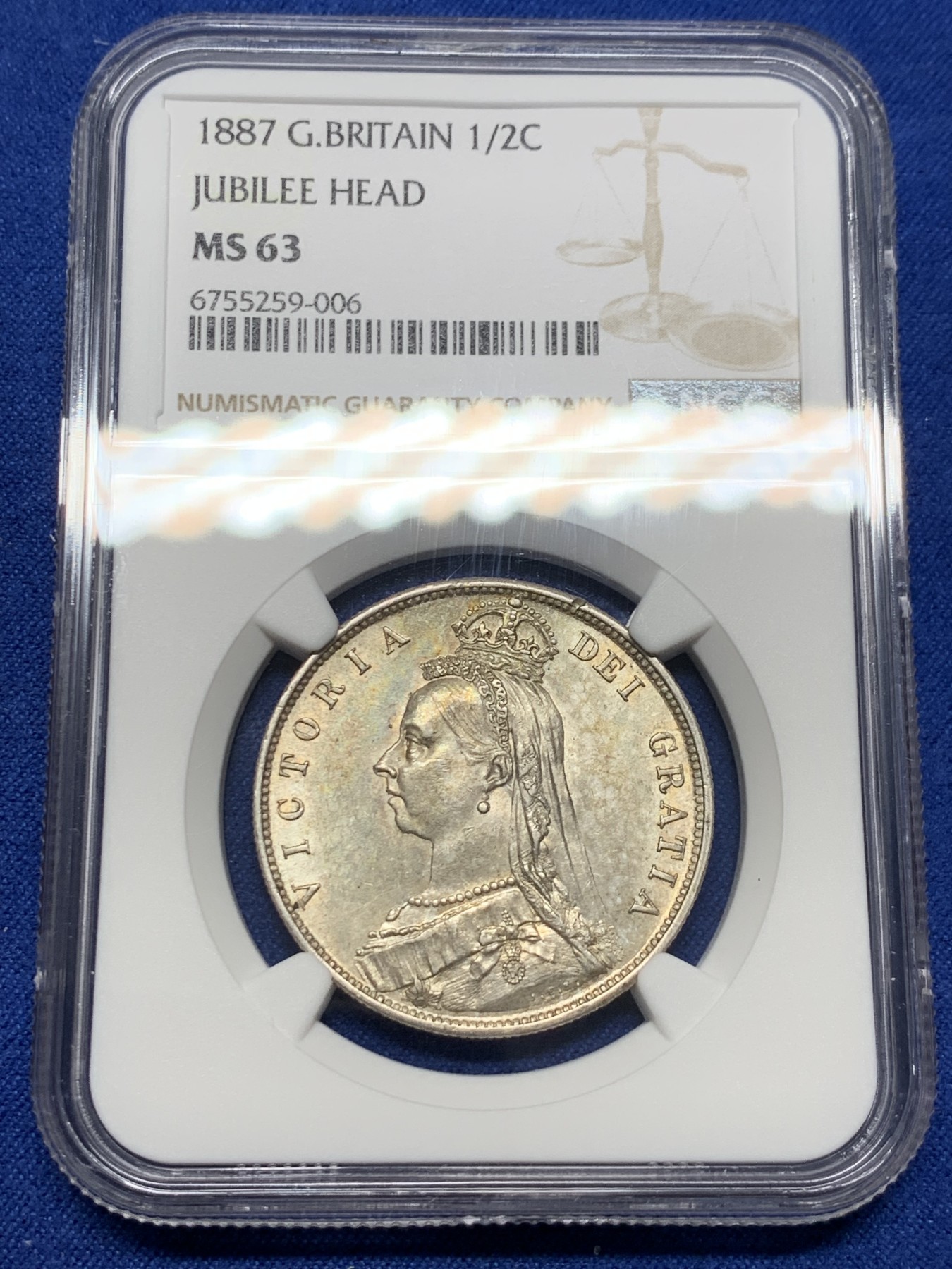 《竞宝斋》第232场-周日，周一 2场 (全场包邮) NGC MS63 英国1887年维多利亚1/2克朗银币 状态不错