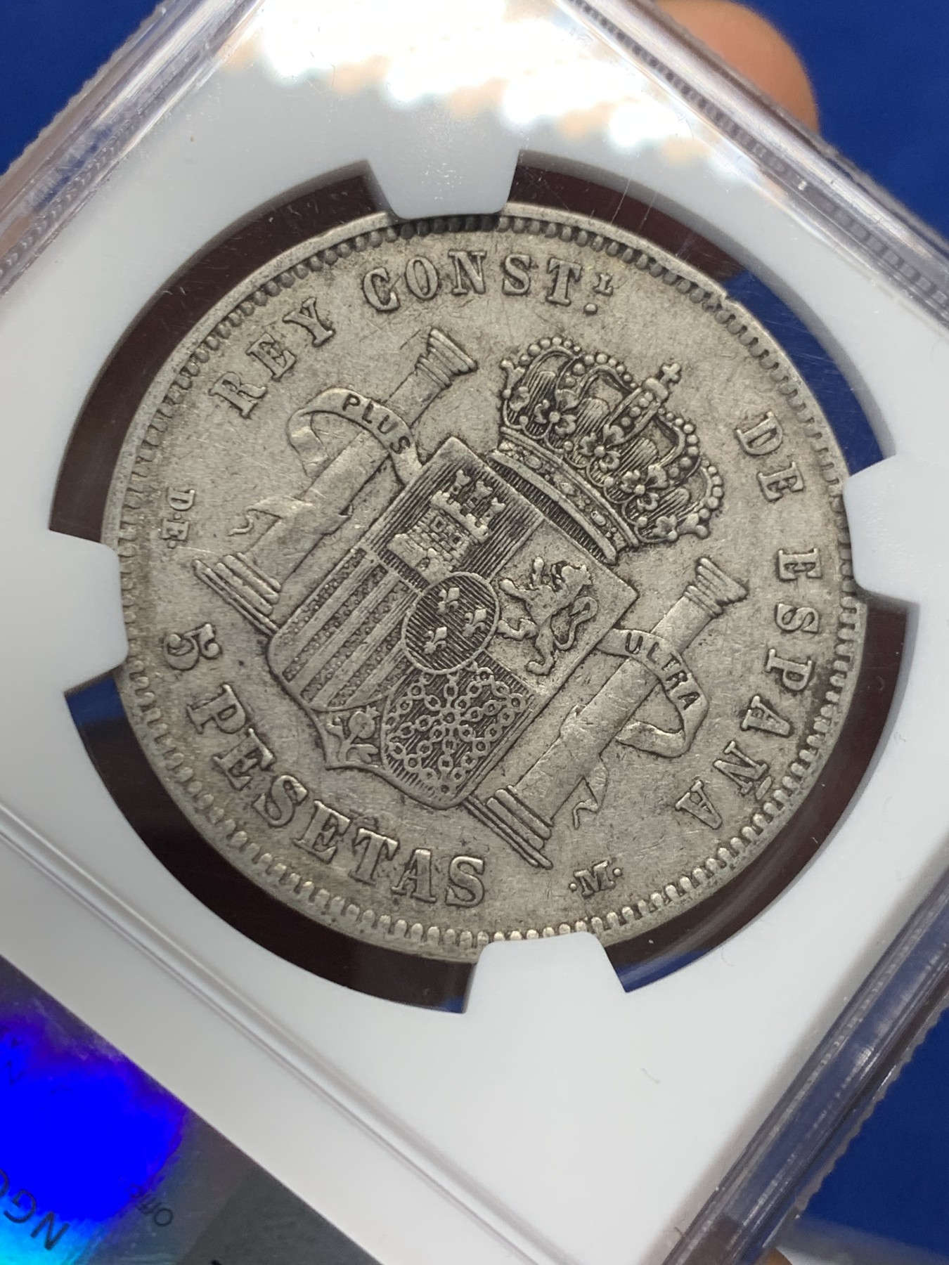 《竞宝斋》第232场-周日，周一 2场 (全场包邮) NGC VF35 西班牙1877年 阿方索十二世 5比塞塔双柱大银币