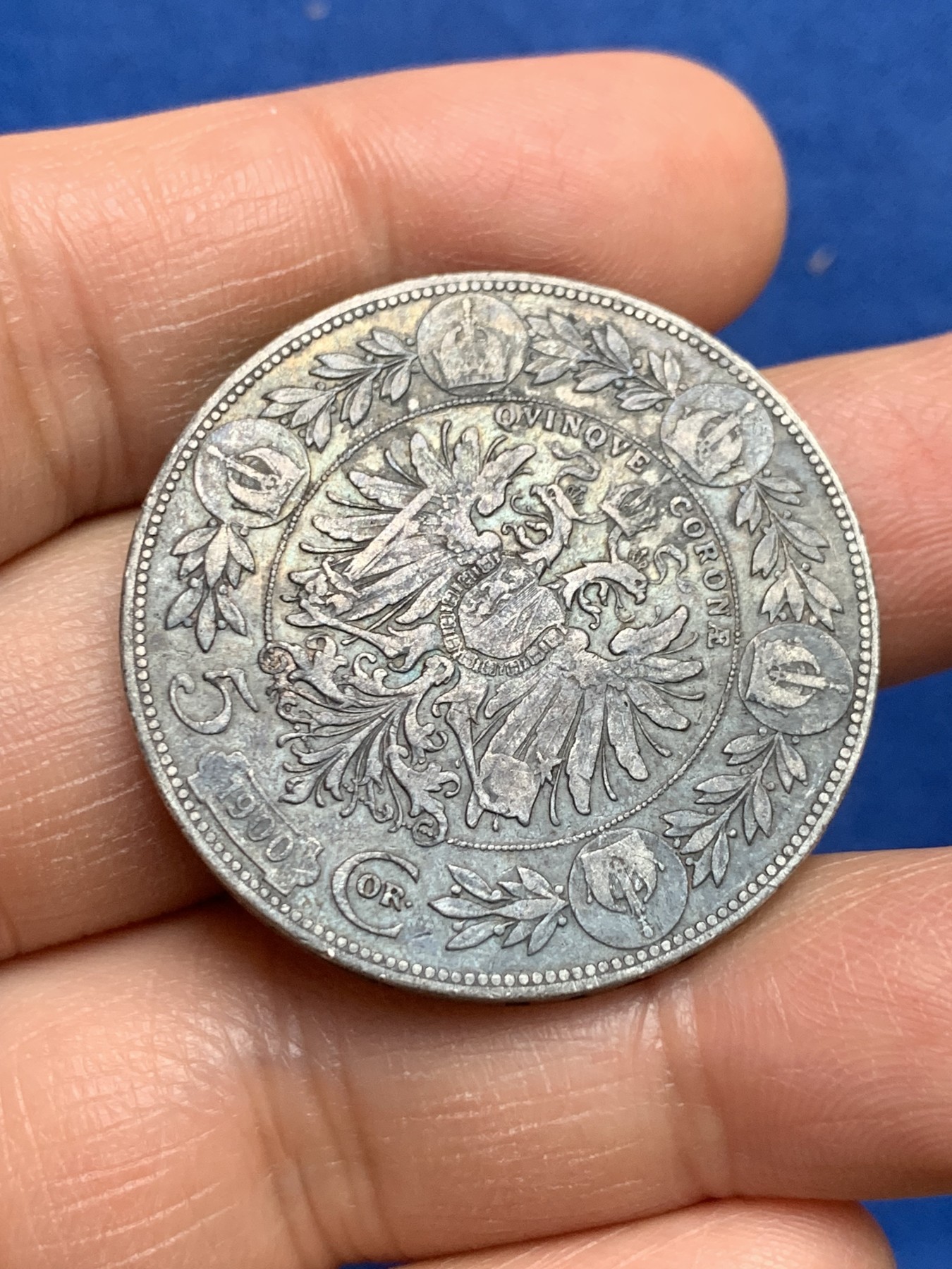 《竞宝斋》第232场-周日，周一 2场 (全场包邮) 奥匈帝国奥地利1900年5克朗双头鹰大银币，大老黑包浆比较难得，细节不错