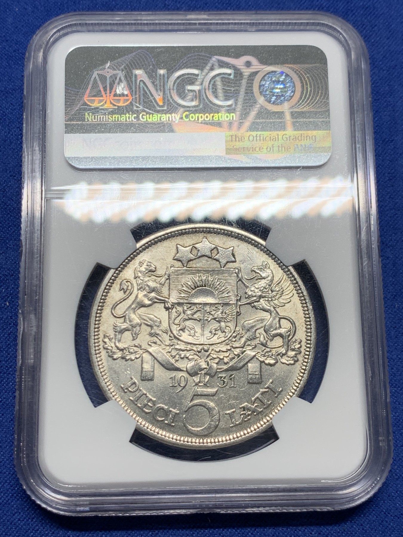 《竞宝斋》第232场-周日，周一 2场 (全场包邮) NGC-MS62 拉脱维亚1931年谷物女神纪念银币-5拉特 光度好