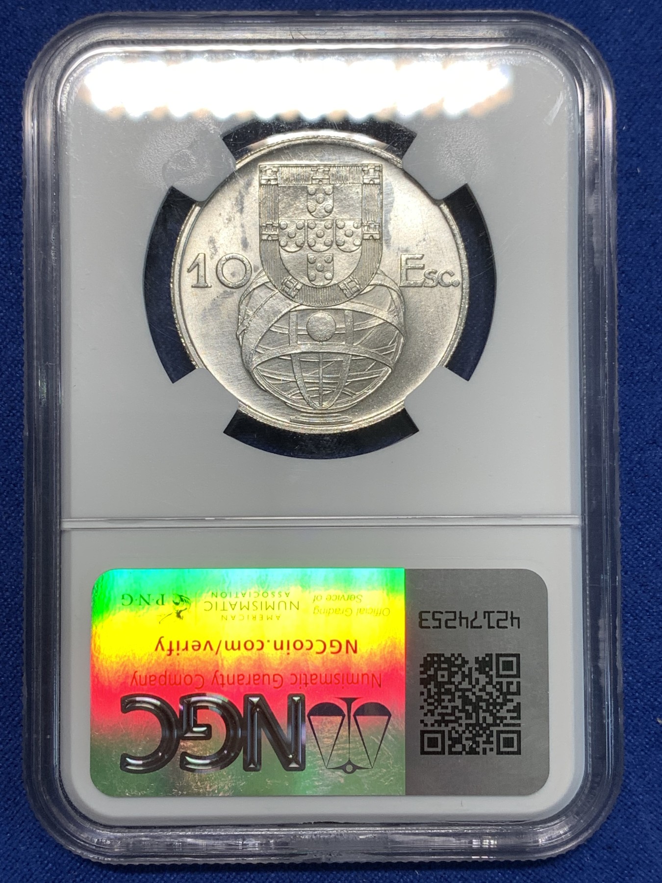 《竞宝斋》第232场-周日，周一 2场 (全场包邮) NGC-UNCD 1954年葡萄牙10E帆船大银币，NGC严评，状态十分精美