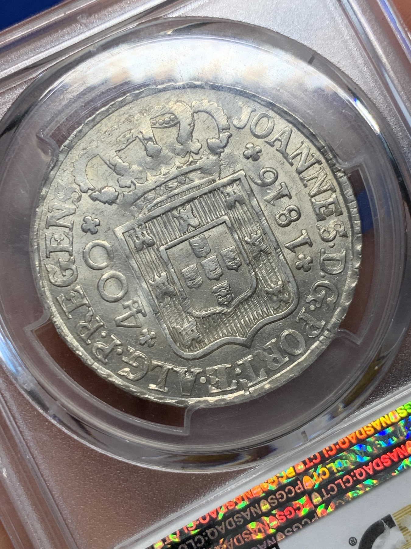 《竞宝斋》第232场-周日，周一 2场 (全场包邮) PCGS-MS61 葡萄牙 1816年 葡萄牙本土十字400R银币 。早期原光内齿深打.十字星大银币.名誉品.原转光 高分稀少。in hoc signorinces 直译:凭此标记.汝将获胜.圣殿骑士团.