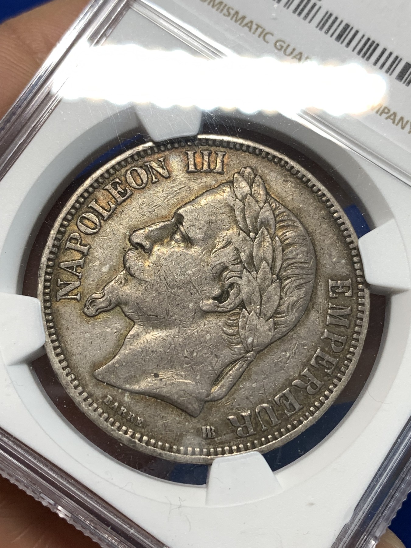 《竞宝斋》第232场-周日，周一 2场 (全场包邮) NGC XF40 法国 1869年BB版拿三5法郎银币