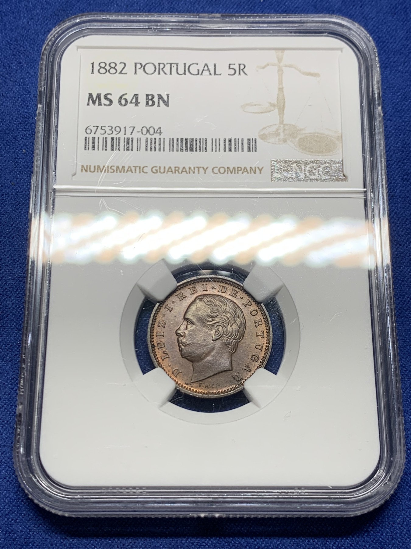 《竞宝斋》第232场-周日，周一 2场 (全场包邮) NGC MS64BN 葡萄牙1882年5瑞斯铜币 少见品种