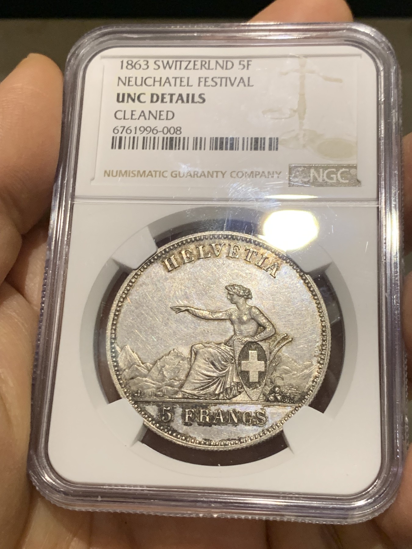 《竞宝斋》第232场-周日，周一 2场 (全场包邮) NGC-UNC 1863 瑞士射击5法郎银币  底板光洁 细节好 性价比之选