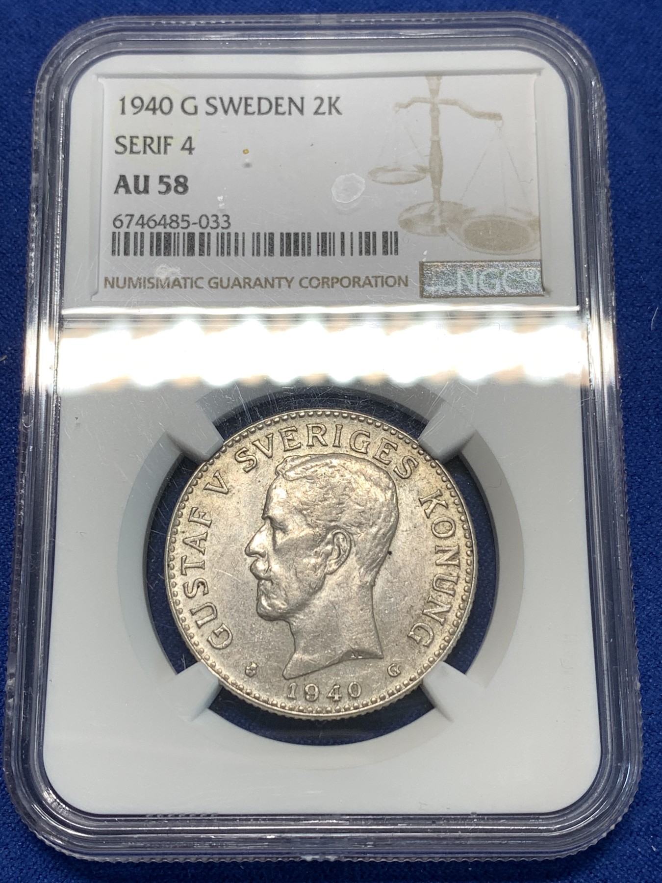 《竞宝斋》第232场-周日，周一 2场 (全场包邮) NGC AU58 瑞典1940年 古斯塔夫五世 2克郎 银币