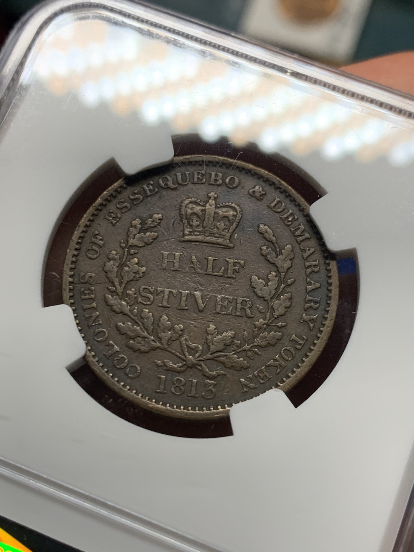 《竞宝斋》第232场-周日，周一 2场 (全场包邮) 两枚一组 NGC XF 1813年英属埃斯奎波&德梅拉拉铜币 半stiver+1stiver