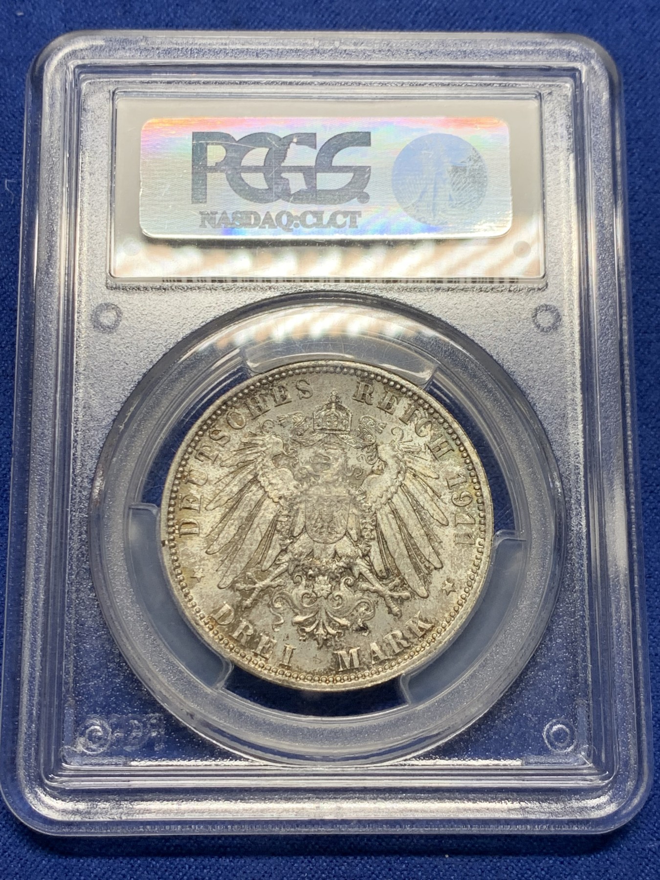 《竞宝斋》第232场-周日，周一 2场 (全场包邮) PCGS-MS65 1911年德国巴伐利亚利奥波德3马克银币 转光好状态