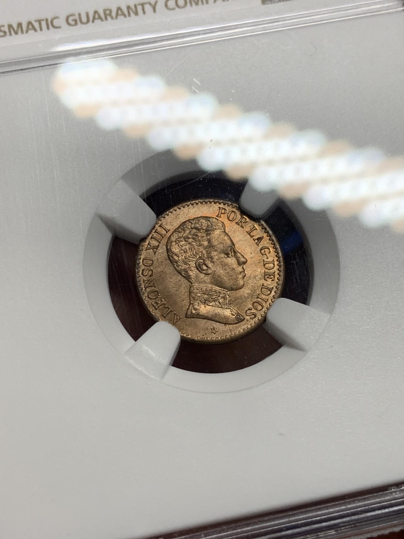 《竞宝斋》第232场-周日，周一 2场 (全场包邮) NGC MS65RB 西班牙1906年阿方索十三世1分原光铜币 高等级分数