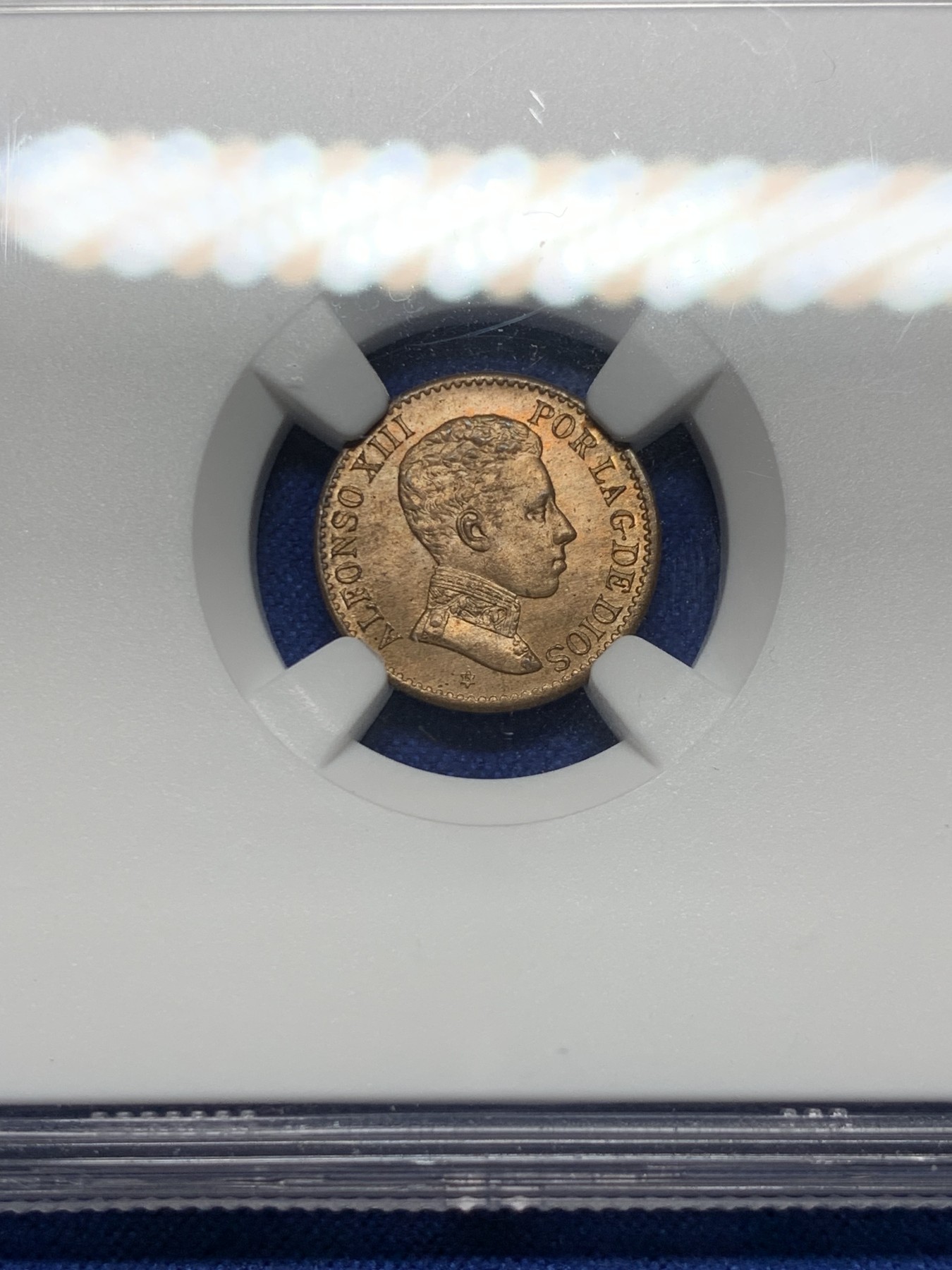 《竞宝斋》第232场-周日，周一 2场 (全场包邮) NGC MS65RB 西班牙1906年阿方索十三世1分原光铜币 高等级分数